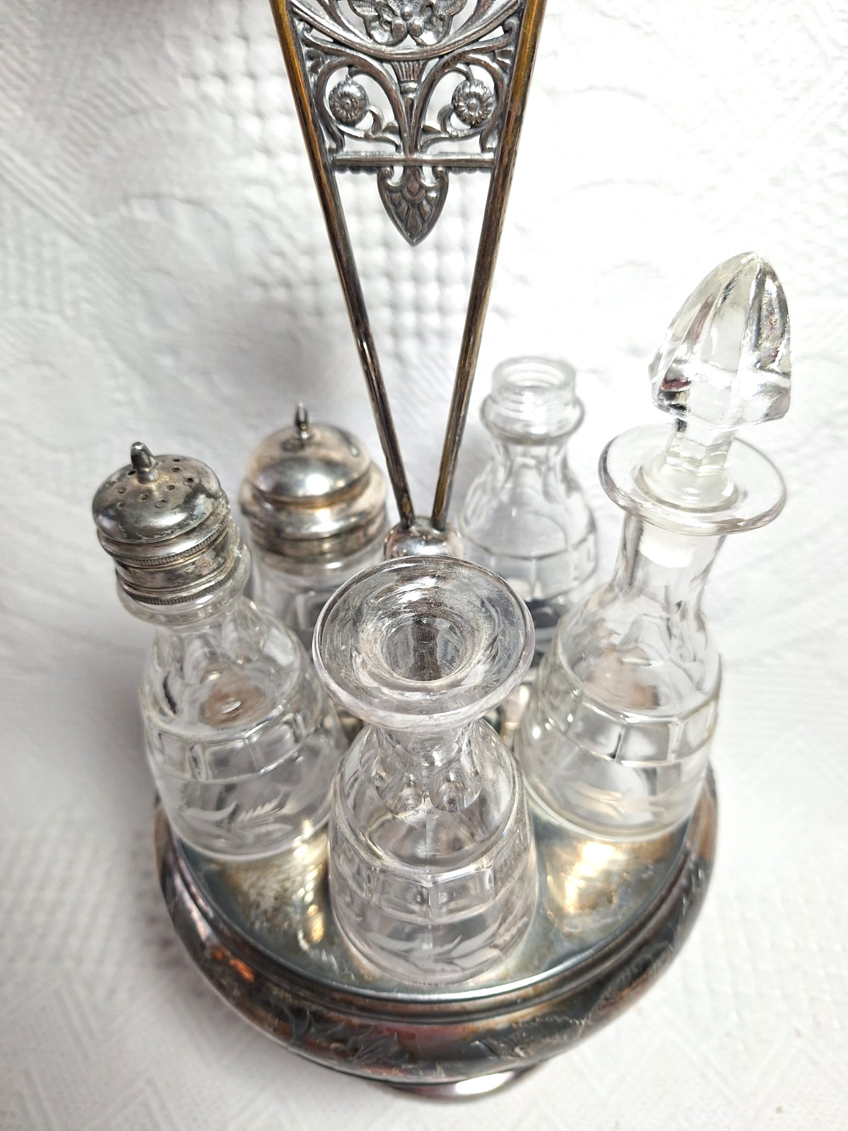 Antique Cruet Set Silver Plate Victorian 5 Etched Bottles Eastlake Design GS