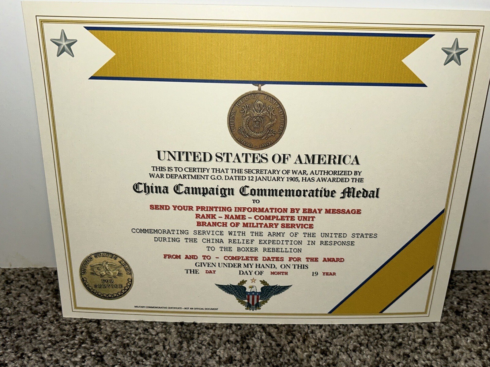 CHINA CAMPAIGN (ARMY) COMMEMORATIVE MEDAL CERTIFICATE ~ W/PRINTING TYPE-1