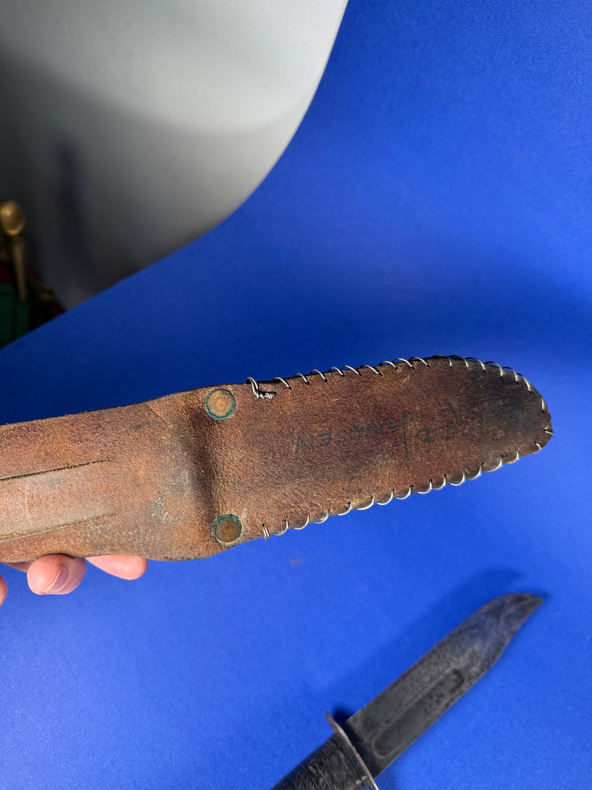 VTG WW2 ERA PERSONAL 12" FIGHTING KNIFE SANSSOUCI DR FRANCE W/ LEATHER SHEATH