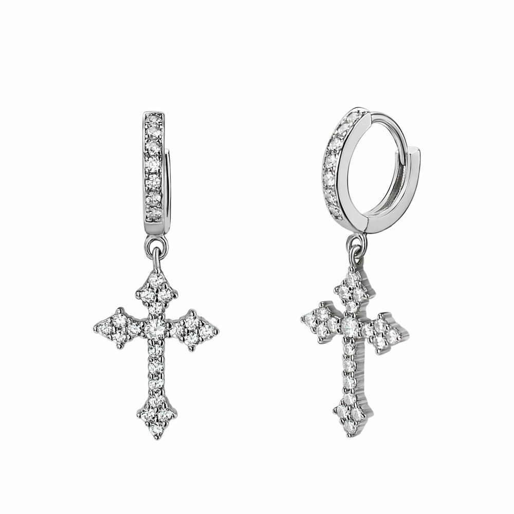 Real 925 Sterling Silver Men's Ladies Dangle Cross Studs Earrings Iced Hip Hop