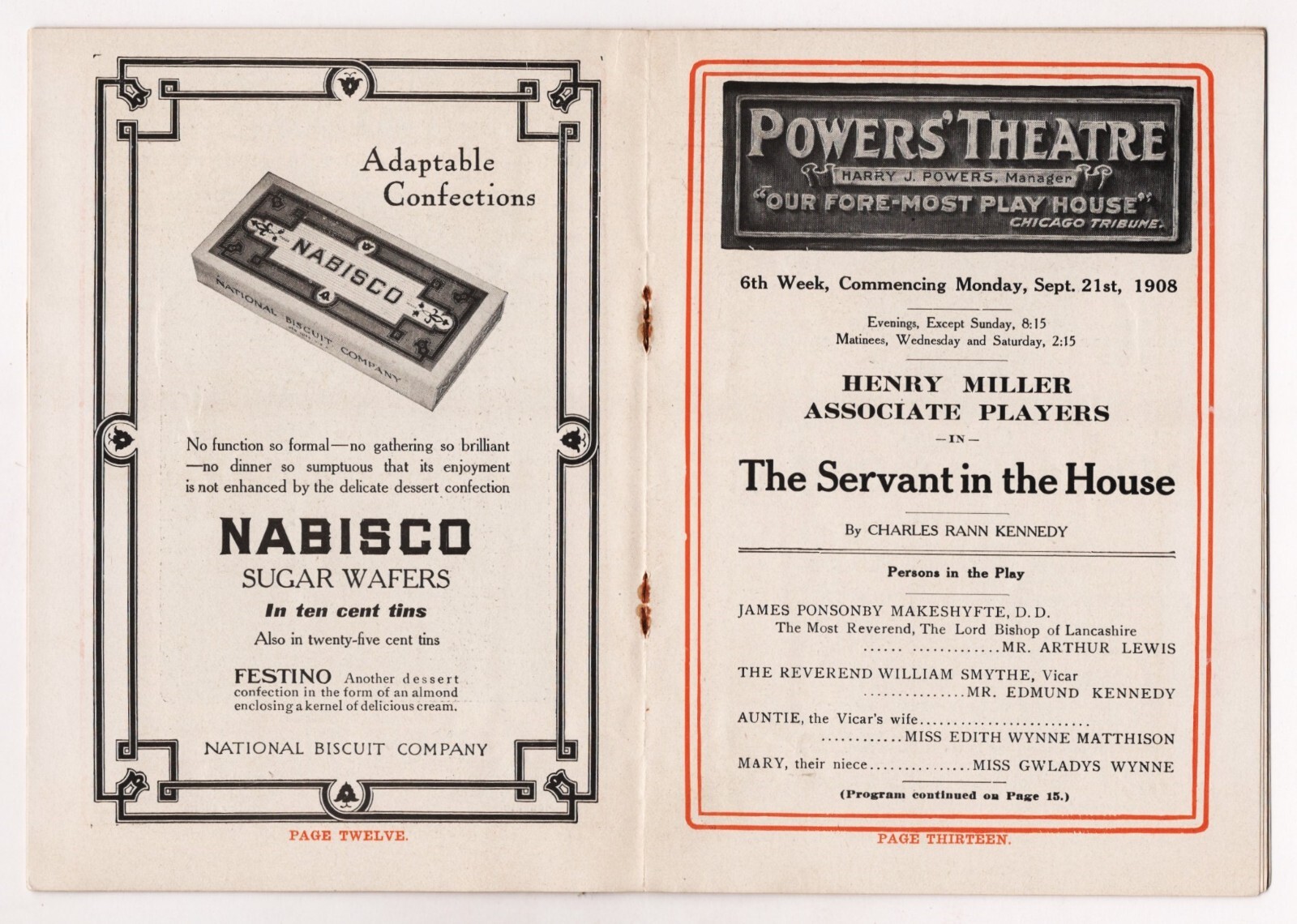 Tyrone Power Sr. "THE SERVANT IN THE HOUSE" Walter Hampden 1908 Chicago Program