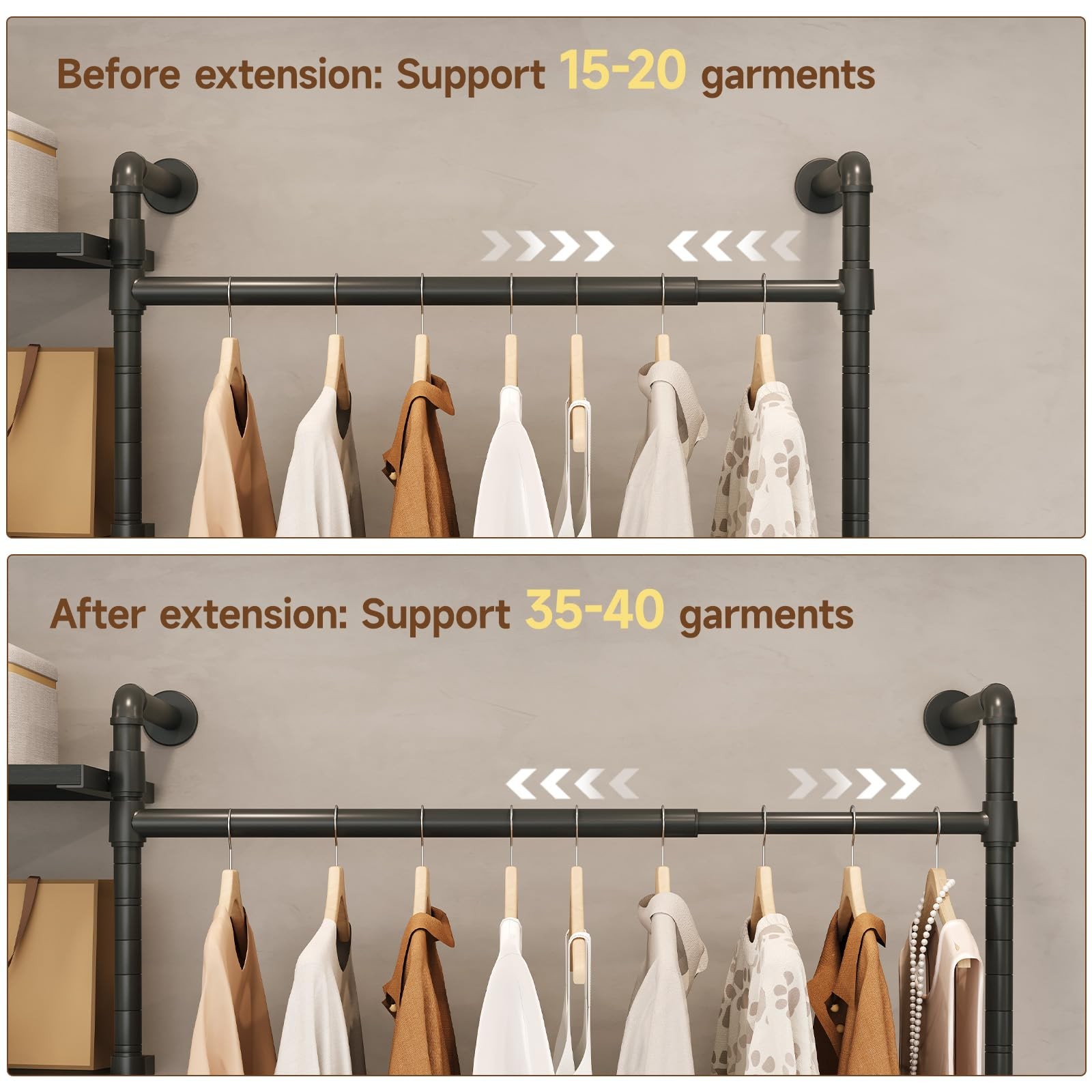 Wall Mounted Closet System 6 Wooden Shelves 4 Telescopic Rods Heavy Duty Black