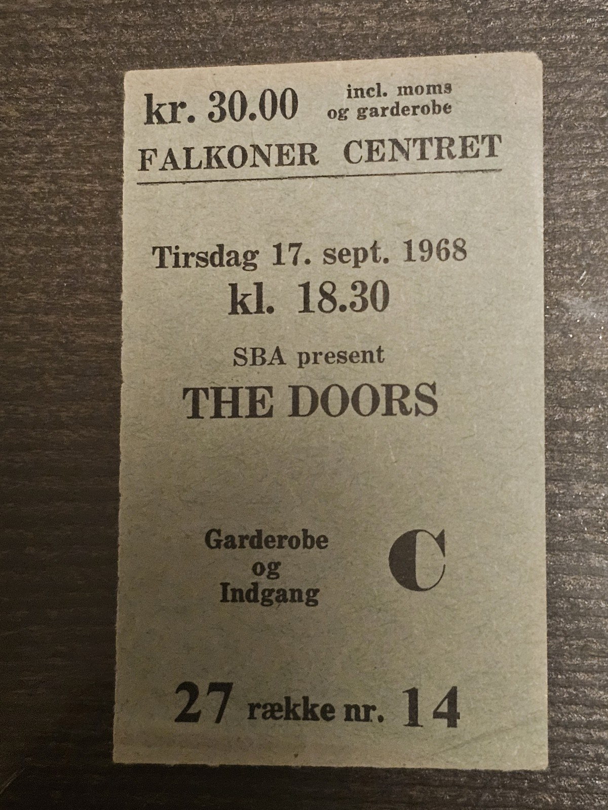 The Doors ticket stub Copenhagen Falkoner Center 9/17/68 Rare