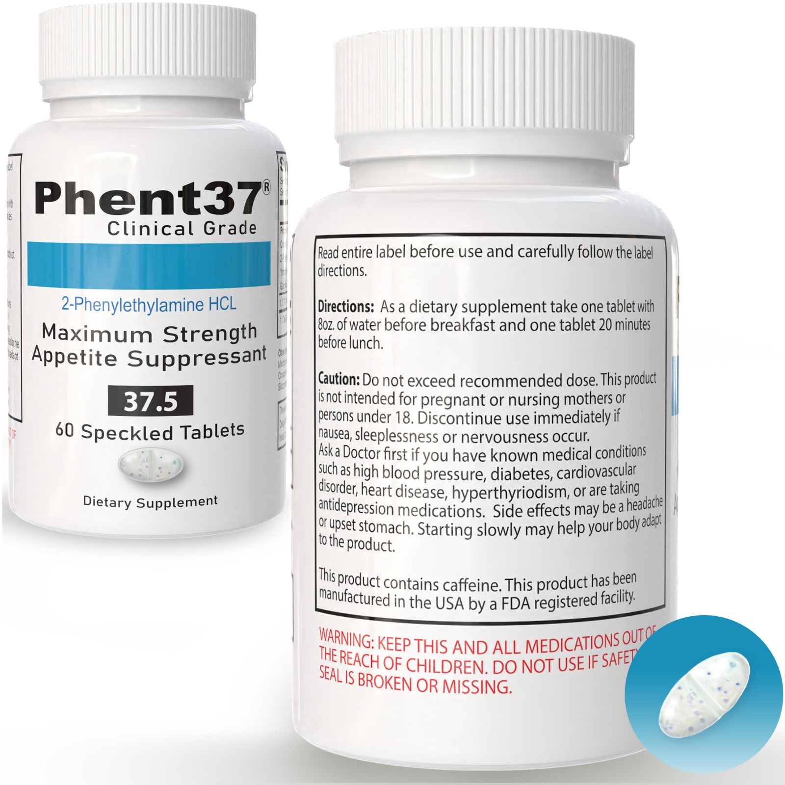 Phent37 - Appetite Suppressant 37.5 Diet Pill Speckled Tablet - Fast Working