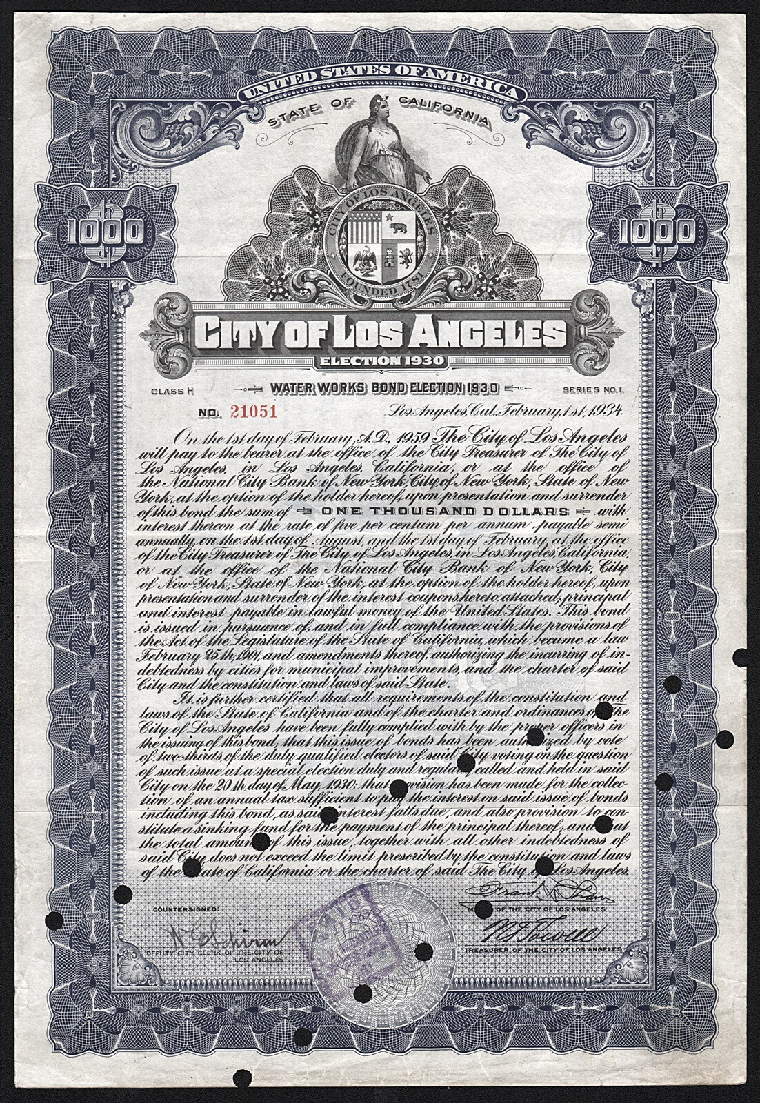 1934 California: City of Los Angeles - Water Works Bond, Election 1930