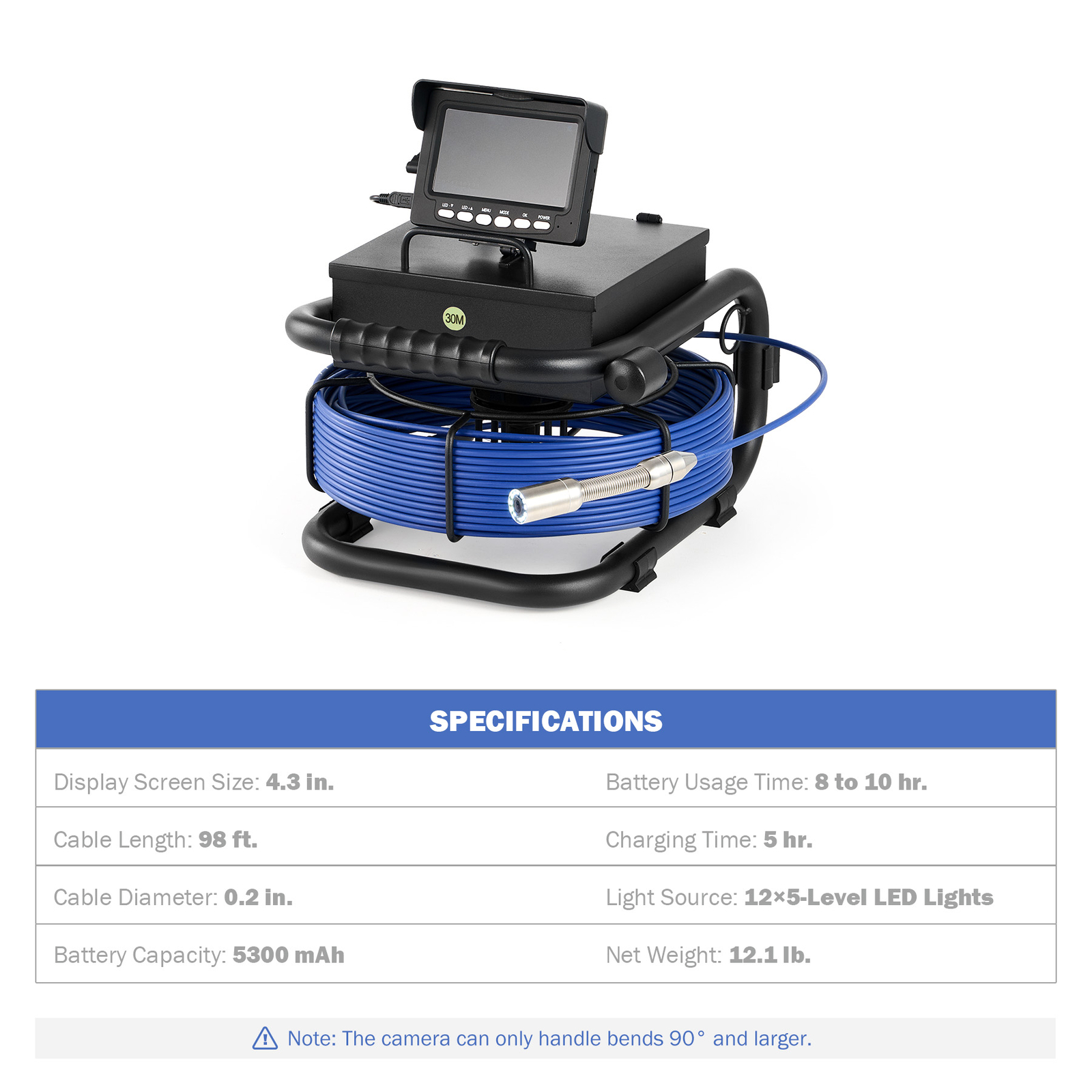 Zelcan Pipe Inspection Camera 98FT/30M Sewer Camera Video Endoscope 4.3" Monitor