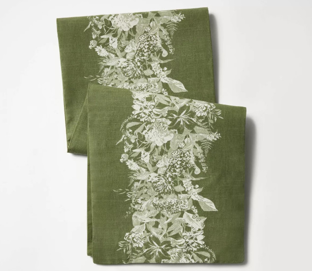 Threshold 72" x 14" Cotton Floral Table Runner Olive Green- New