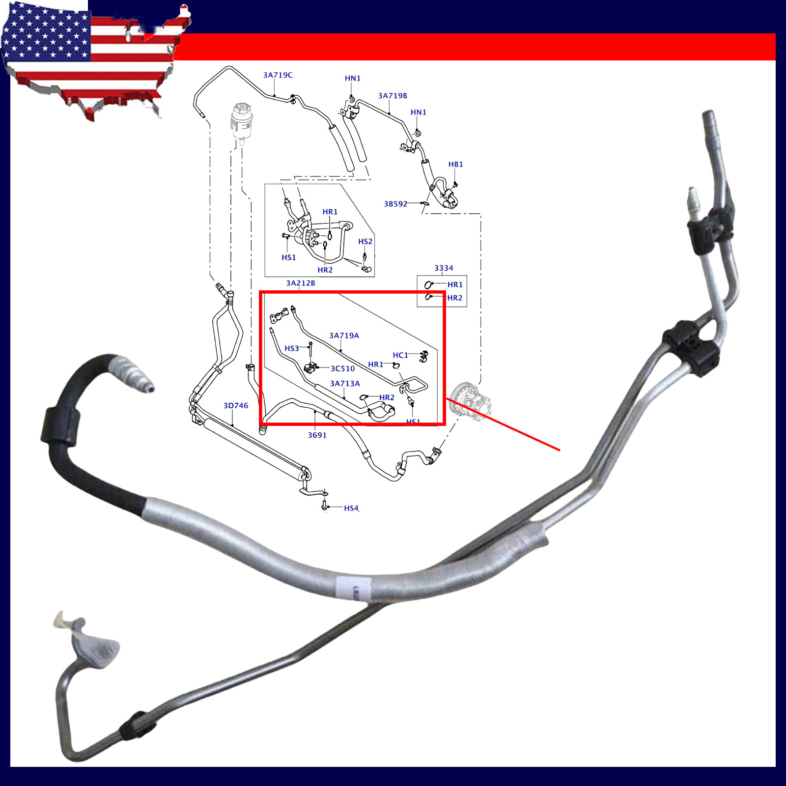 NEW LR029184 Power Steering Pressure Hose Line For 3.2L Land Rover LR2 2008-2012