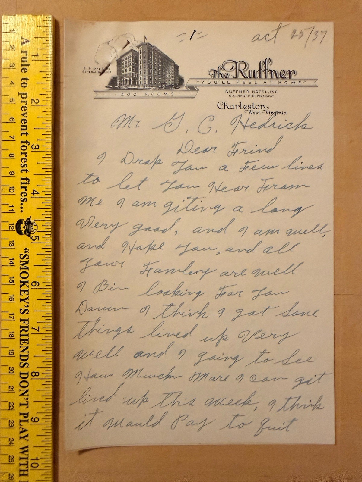 Ruffner Hotel Charleston WV 1920s-1930s Correspondence Handwritten Typed