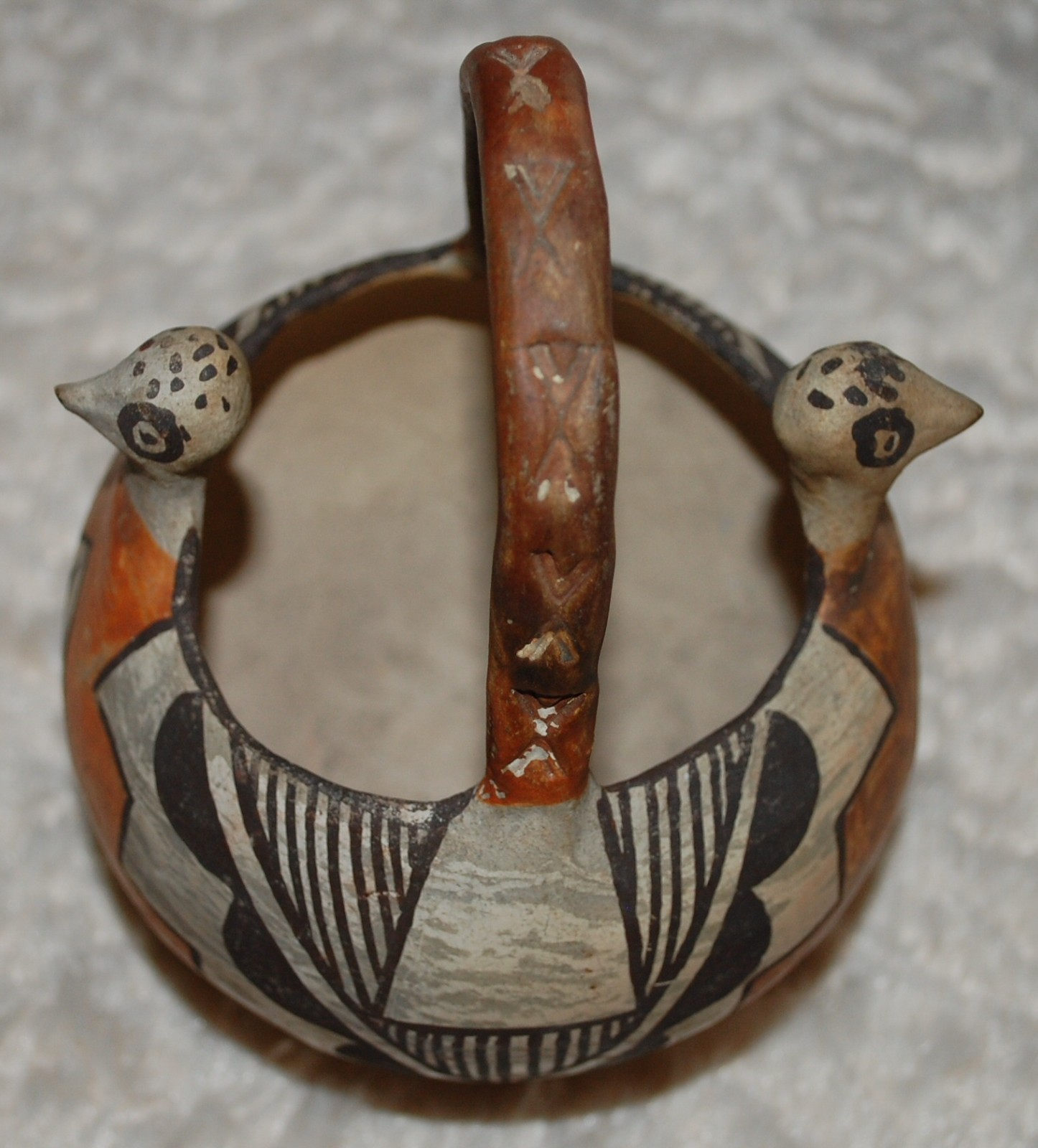 Early Isleta Double-Headed Pottery Bowl w/eight X engraved handle-1910-1920's