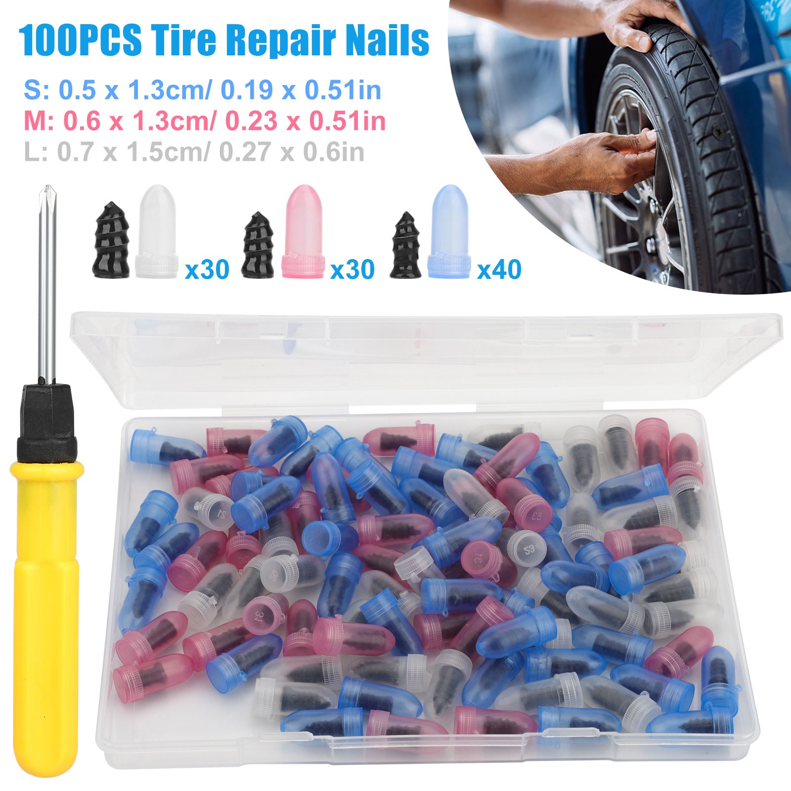 100pcs Tire Repair Nails Vacuum Tire Repair Rubber Screw Kit with Screwdriver