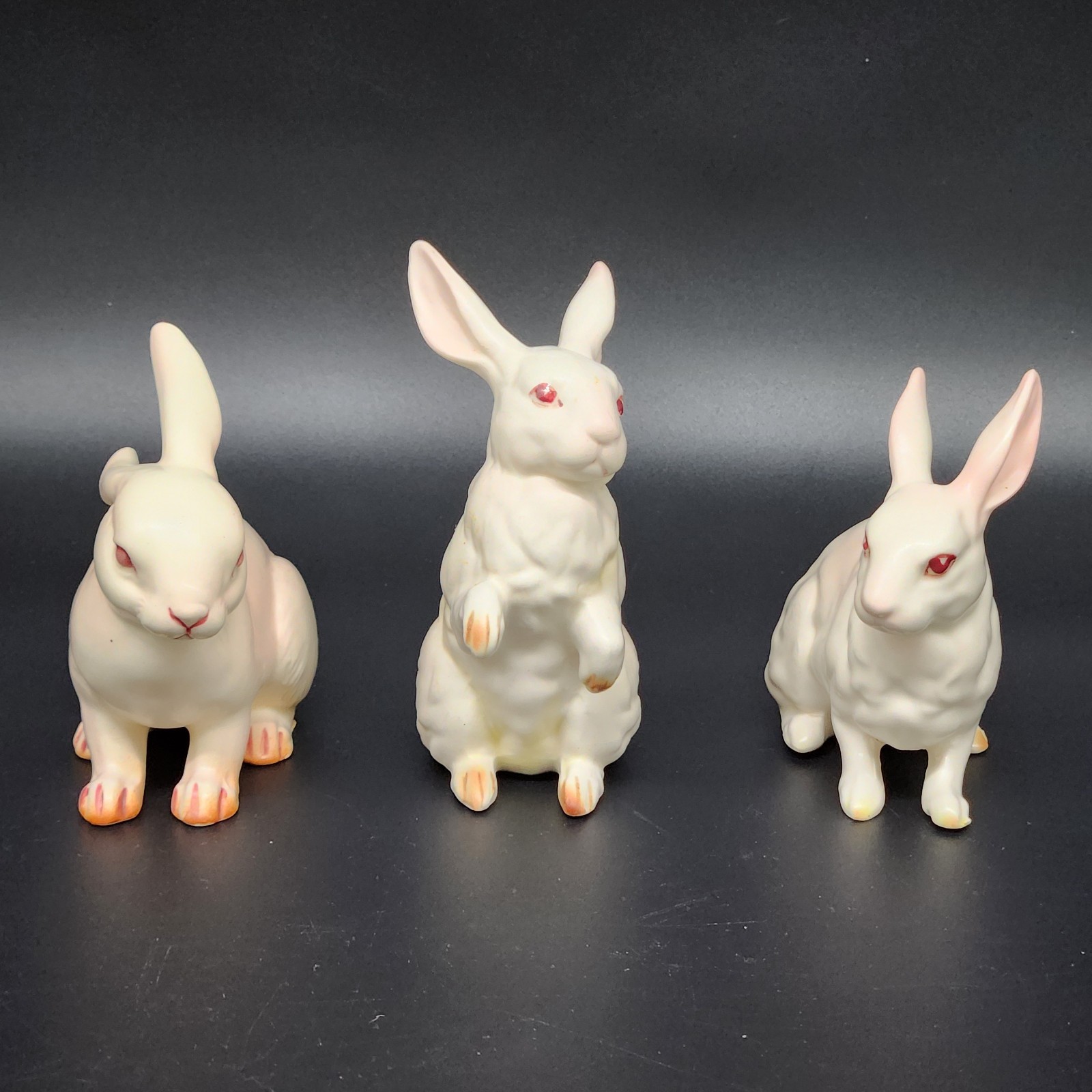 Set Of 3 Vtg Ceramic Lefton White Bunnies Rabbits H7143 & H880 Pink Eyes Easter