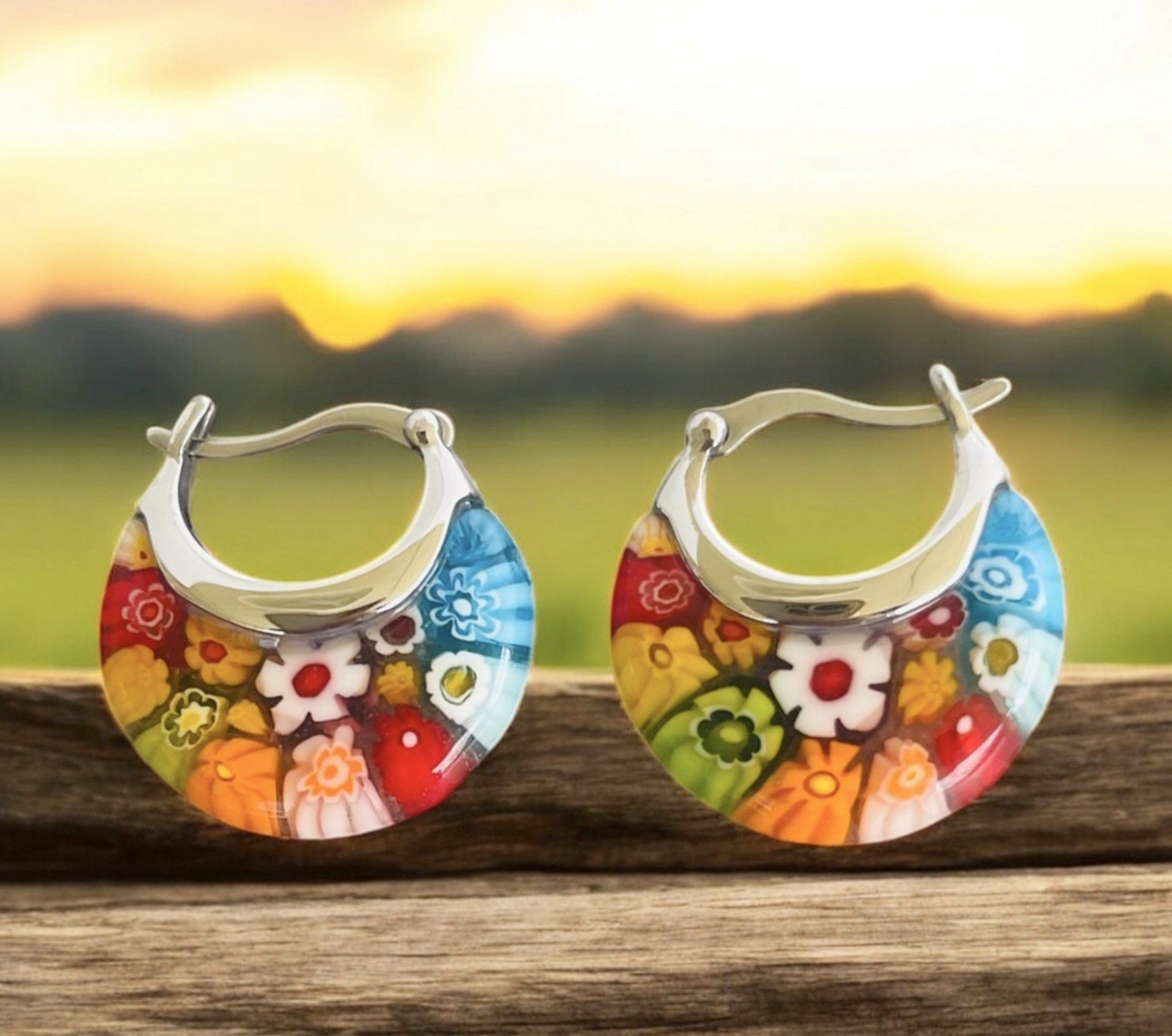 Millefiori Glass Hoops Earrings Flower Basket Style Multicolor