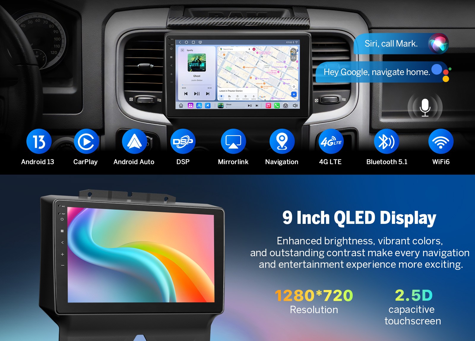 9 inch QLED 6+64 Android Car Stereo GPS Navigation for Ram 1500 2013-2018 4G LTE