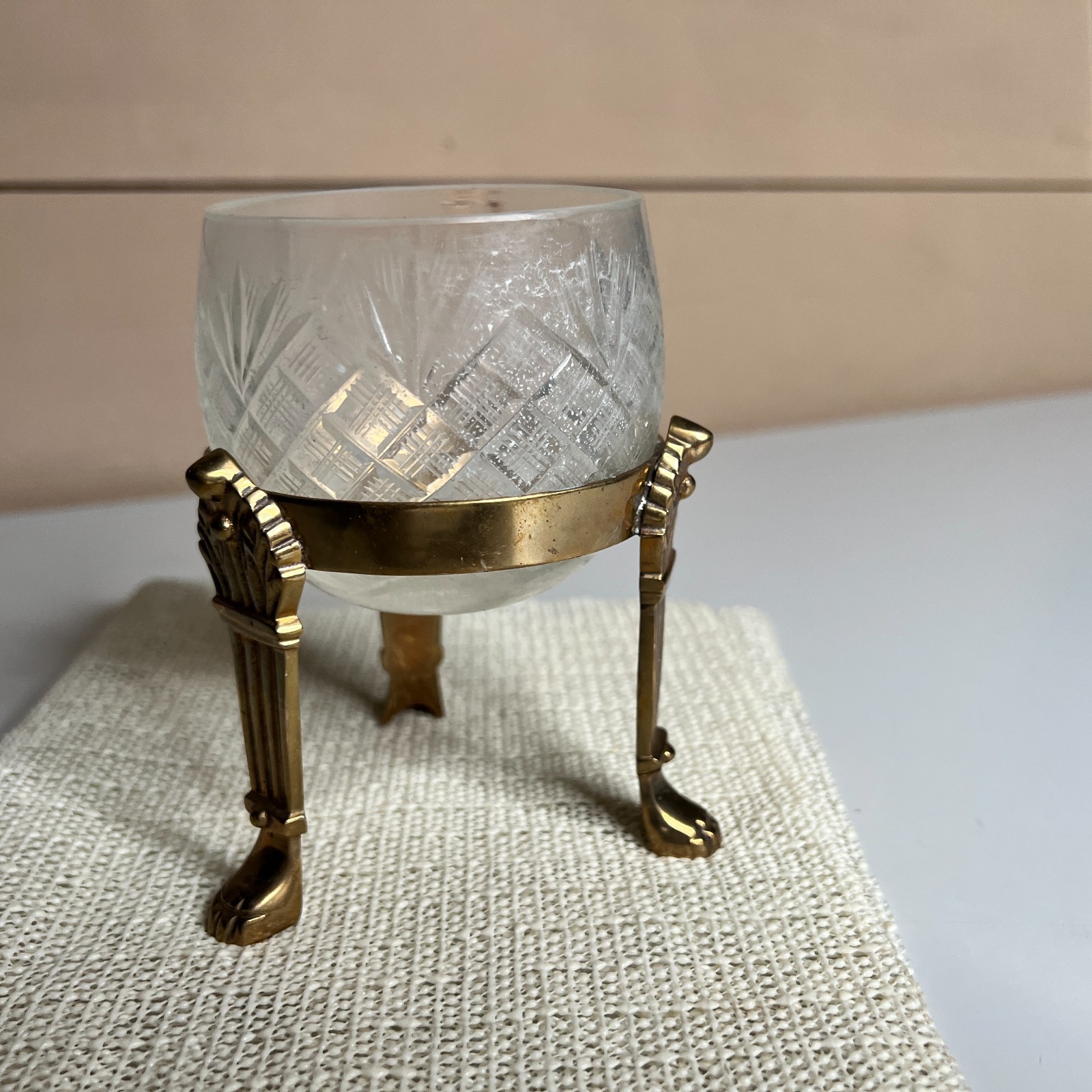 Vintage Brass Footed Cut Glass Bowl Crystal Open Salt Cellar Trinket Dish