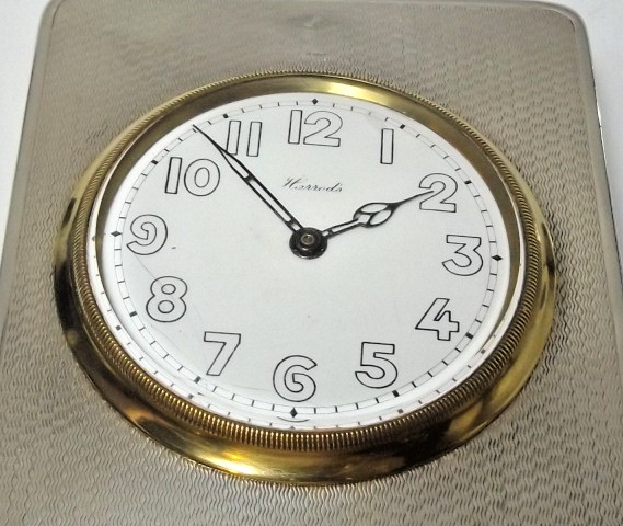 ANTIQUE HARROD'S STERLING SILVER CLOCK, BEDSIDE/ DESK CLOCK BIRMINGHAM 1925