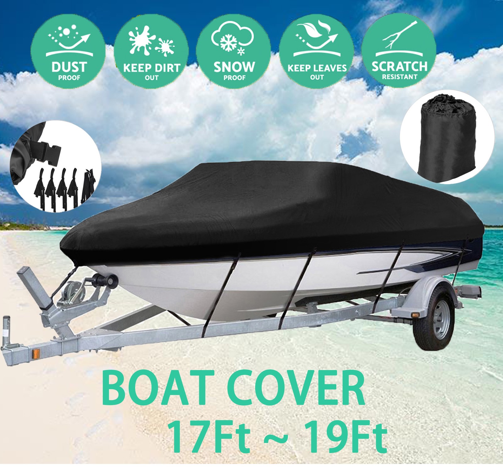 17" 18" 19" Heavy Duty Boat Cover Trailerable Fishing Ski Bass V-Hull Runabouts