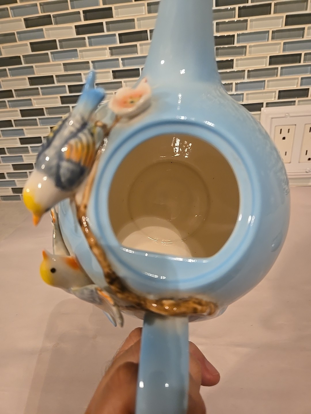 Pier 1 Imports Hand Painted Porcelain 3D Decorative Teapot Birds Flowers 7”