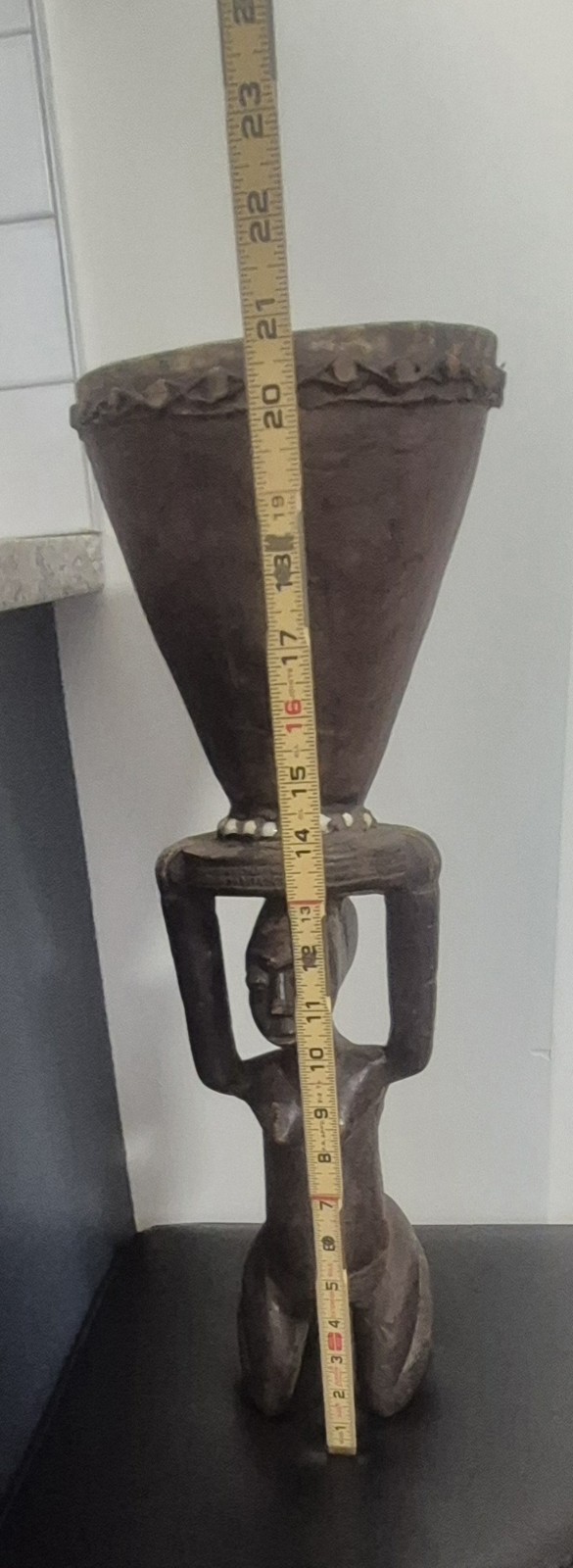 African Luba Female Wood Statue With Drum 21"H 7.5"W