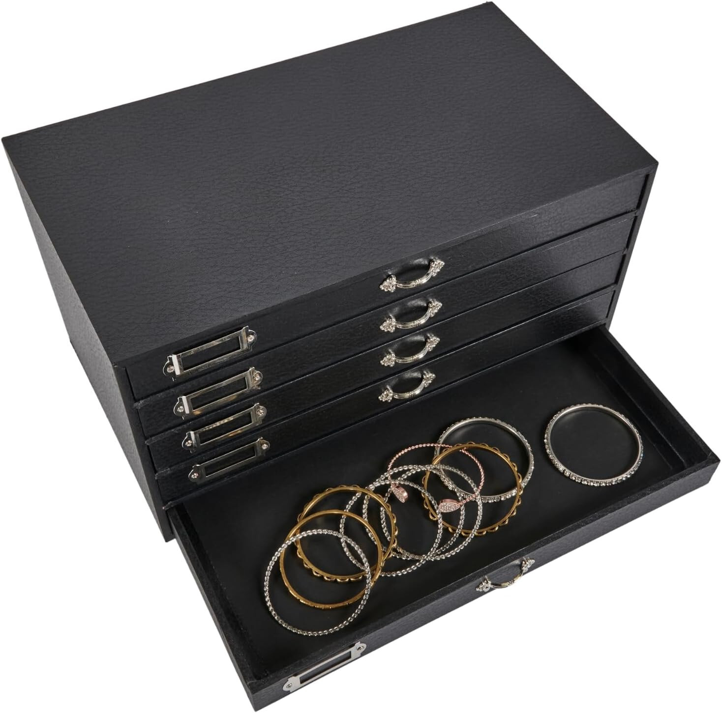 Jewelry Storage Organizer Case Cabinet 5 Drawer Black Faux Leather 15" x 8"
