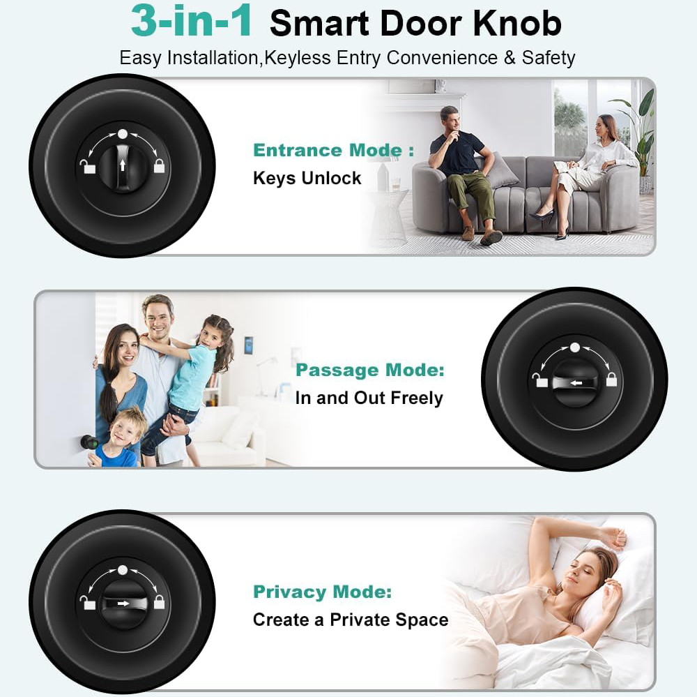 Smart Door Knob Fingerprint Door Lock Biometric Door Lock with Key & App Control