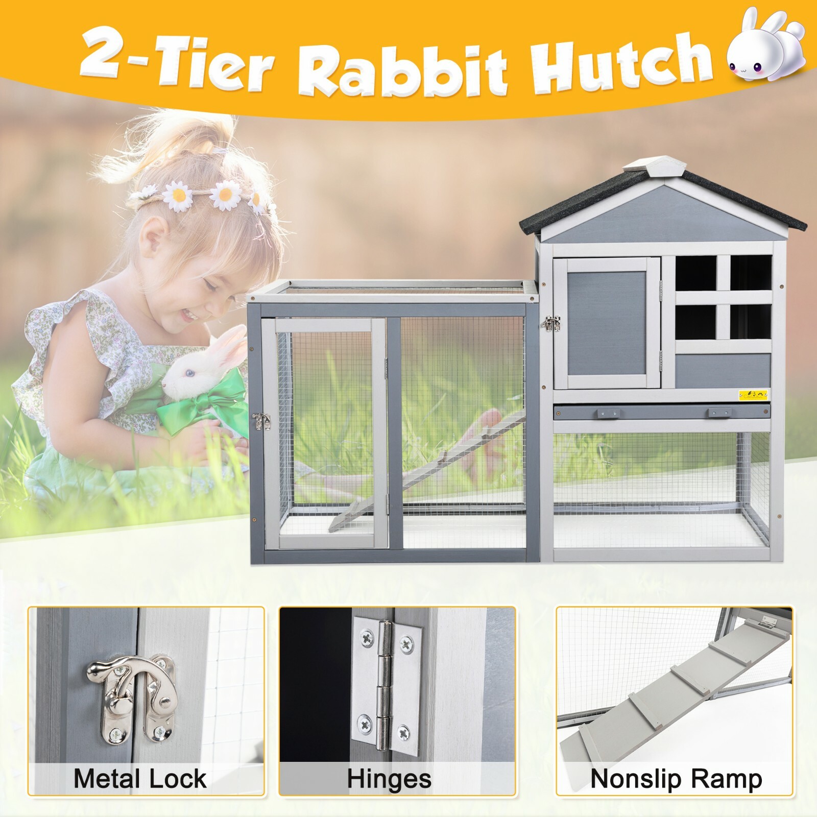 2-Tier Rabbit Hutch Wooden Bunny Cage Pet Cage with Run Resting Box Outdoor