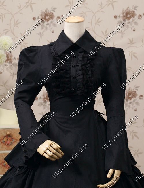 Black Victorian Gothic Maid Mourning Dress Steampunk Witch Halloween Costume 007
