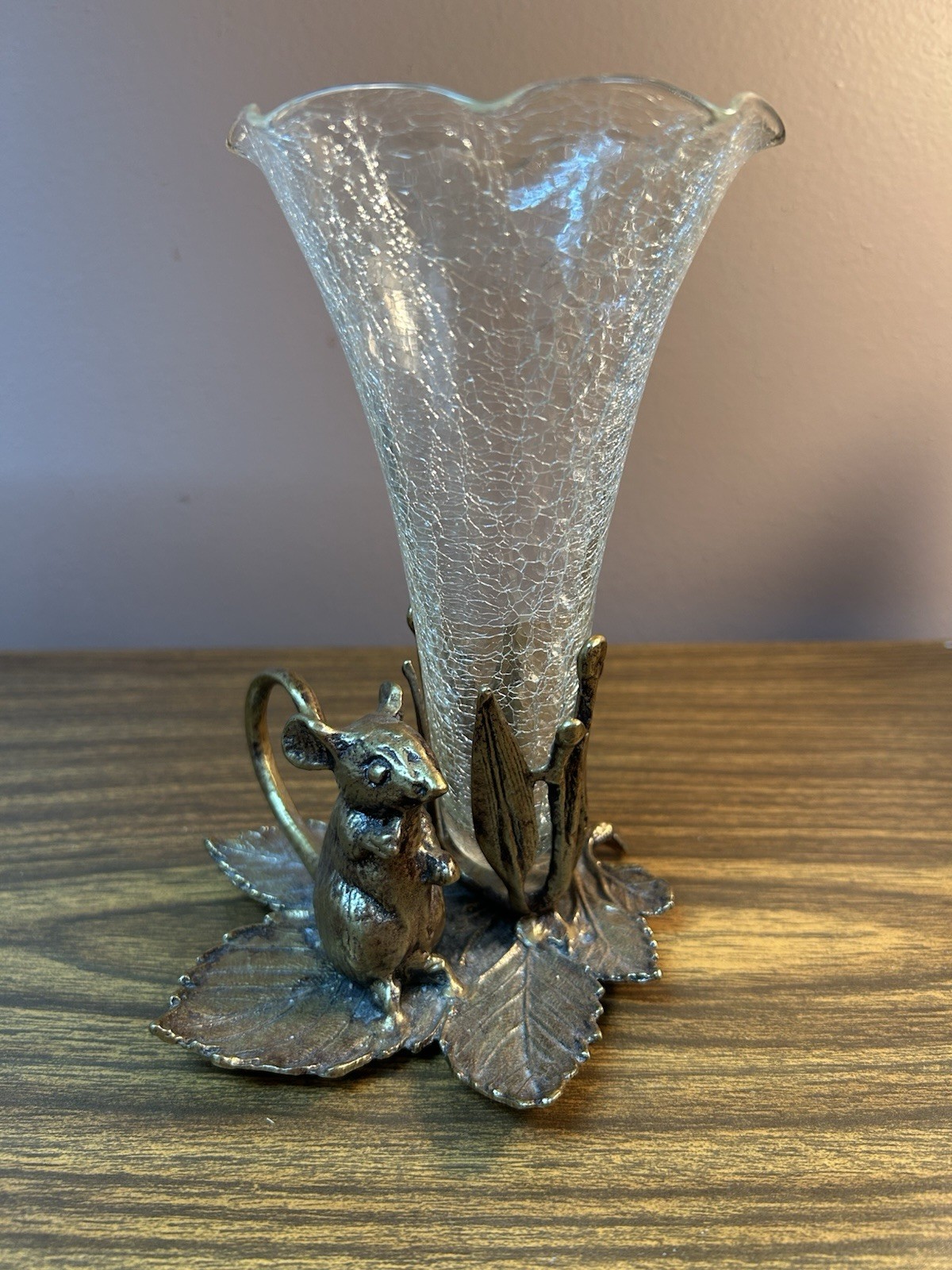 Vintage GATCO Solid Brass Mouse Bud Vase with Crackle Glass Insert