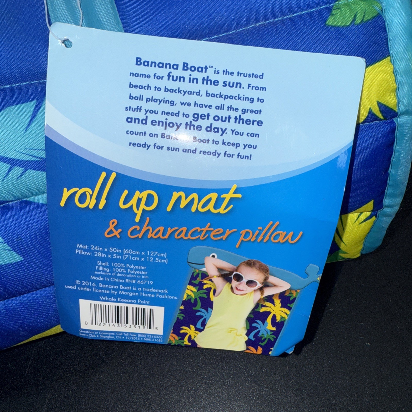 Banana Boat Roll Up Beach Mat w/ Fish Plush Pillow 47"x 24" Blue Orange Camping