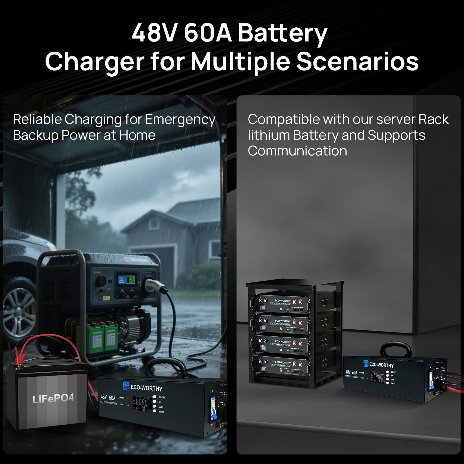 ECO-WORTHY 48V Lithium Battery Charger 0-60A Adjustable Current 90-260V Input