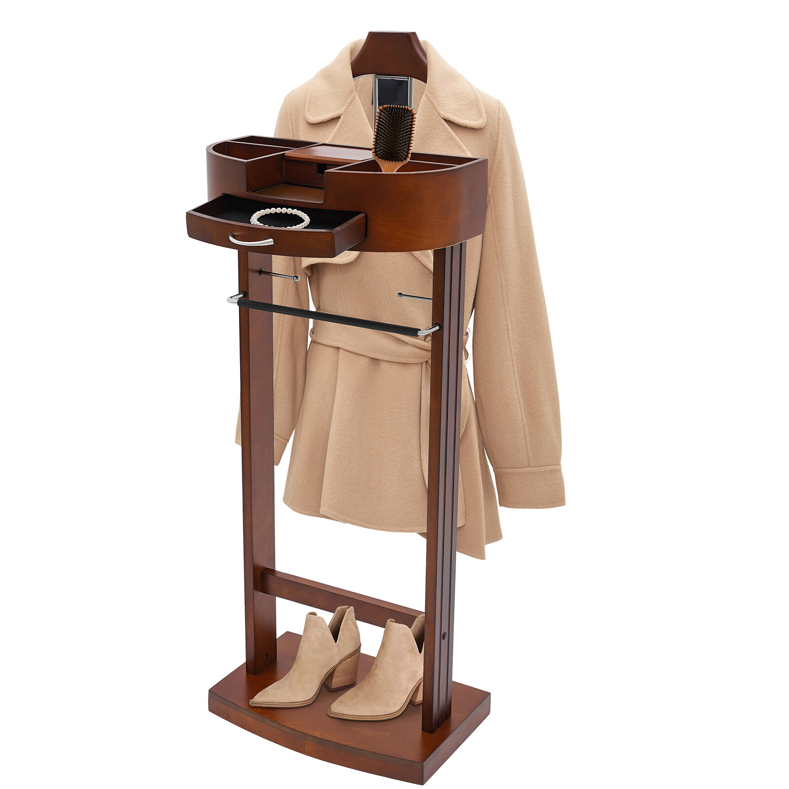 Modern Wood Suit Rack Freestanding Clothing Valet Stand Brown For Home Indoor US