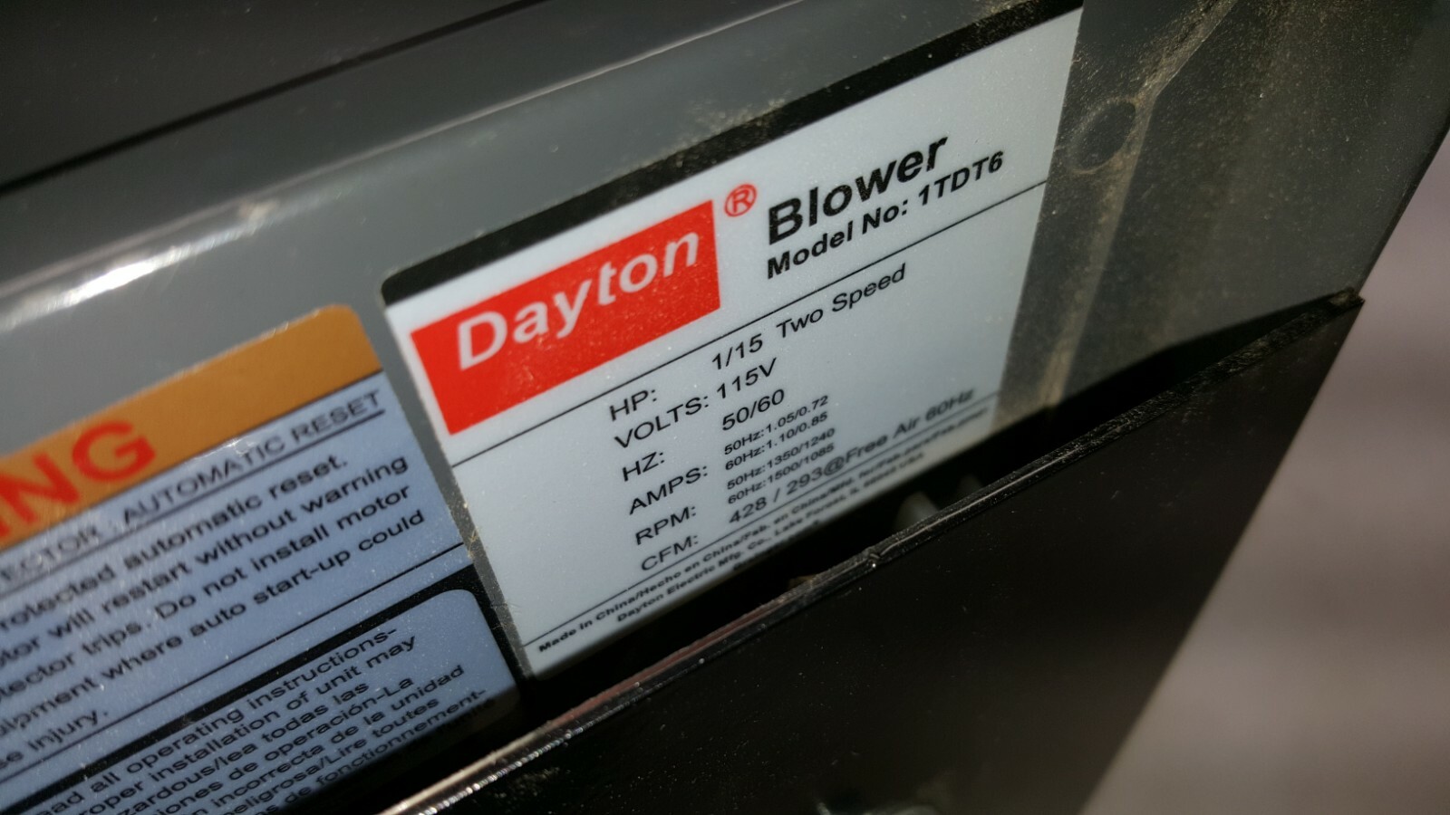 Dayton Model 1TDT6 Blower 428/293 CFM 2 Speed,1500 RPM 115V 60/50hz (4C565)