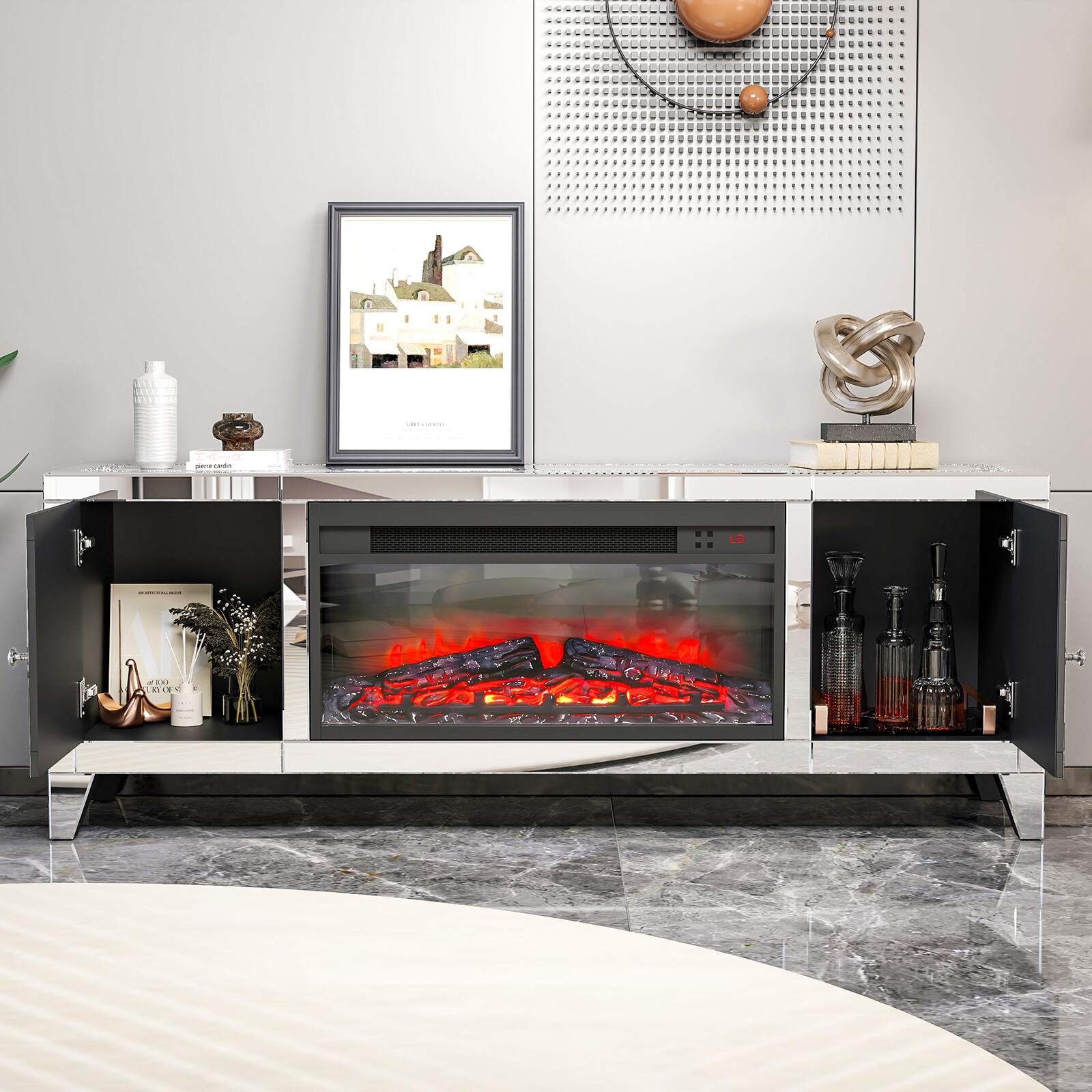 COSVALVE 59"Mirrored Fireplace TV Stand Entertainment Center Crush Diamond 2Door