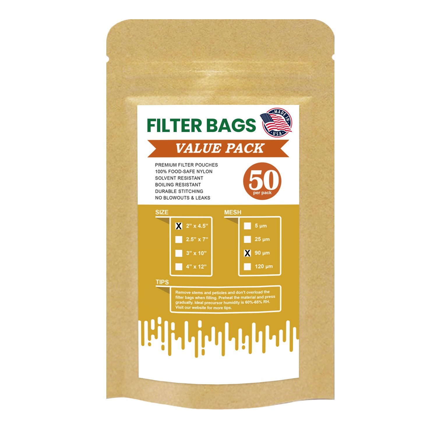 Premium Nylon Mesh Rosin Filter Bags, 2" x 4.5" (50pcs) - 5, 25, 90, 120 Microns