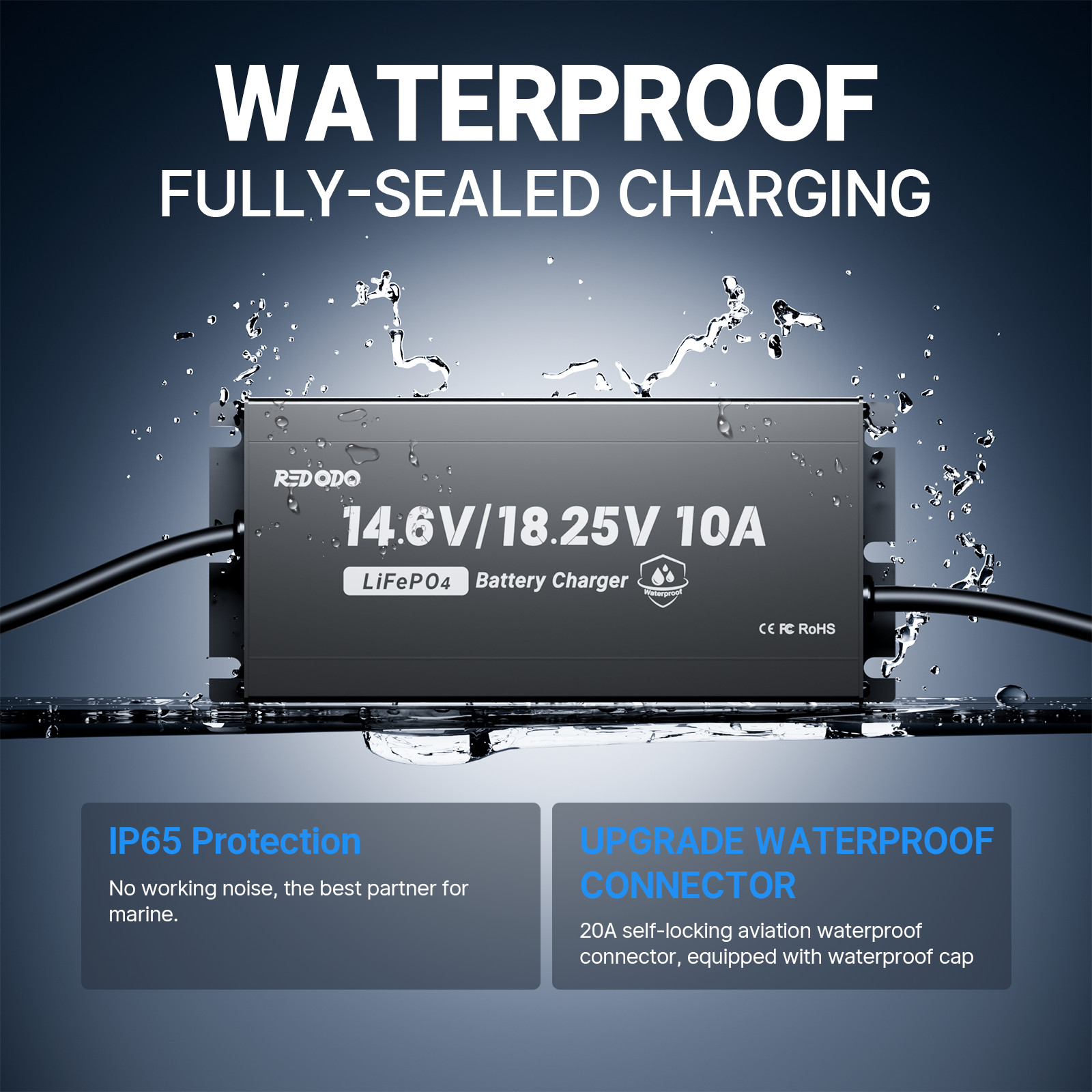 Redodo 14.6V 18.25V 10A Waterproof Charger for 12V 16V LiFePO4 Battery