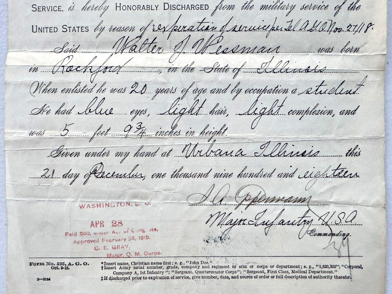 1918 WWI HONORBLE DISCHARGE PAPERS FROM THE UNITED STATES ARMY PRIVATE WESSMAN