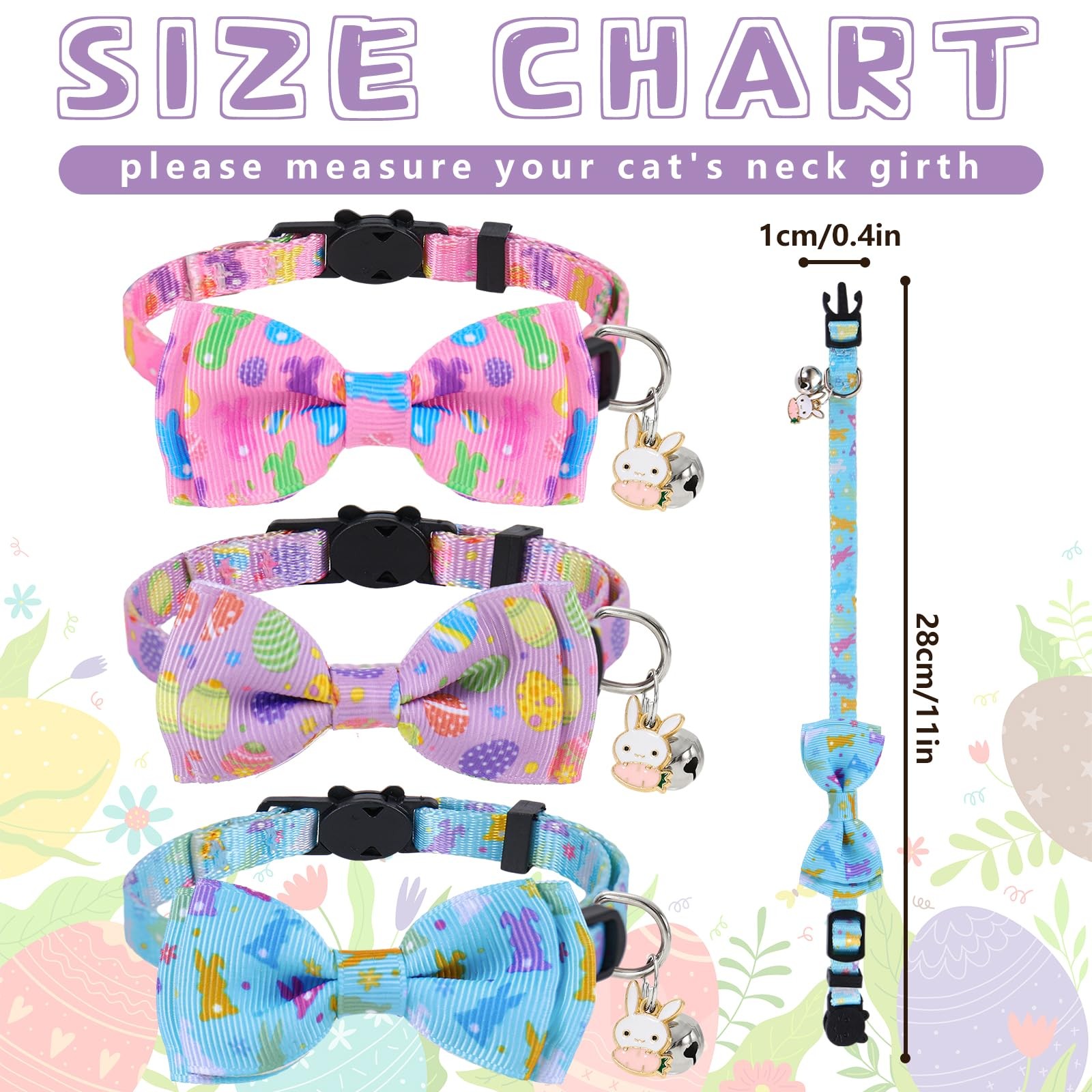 3 Pcs Easter Cat Collar with Breakaway Bell Bow Tie Rabbit Bunny Egg Adjustable