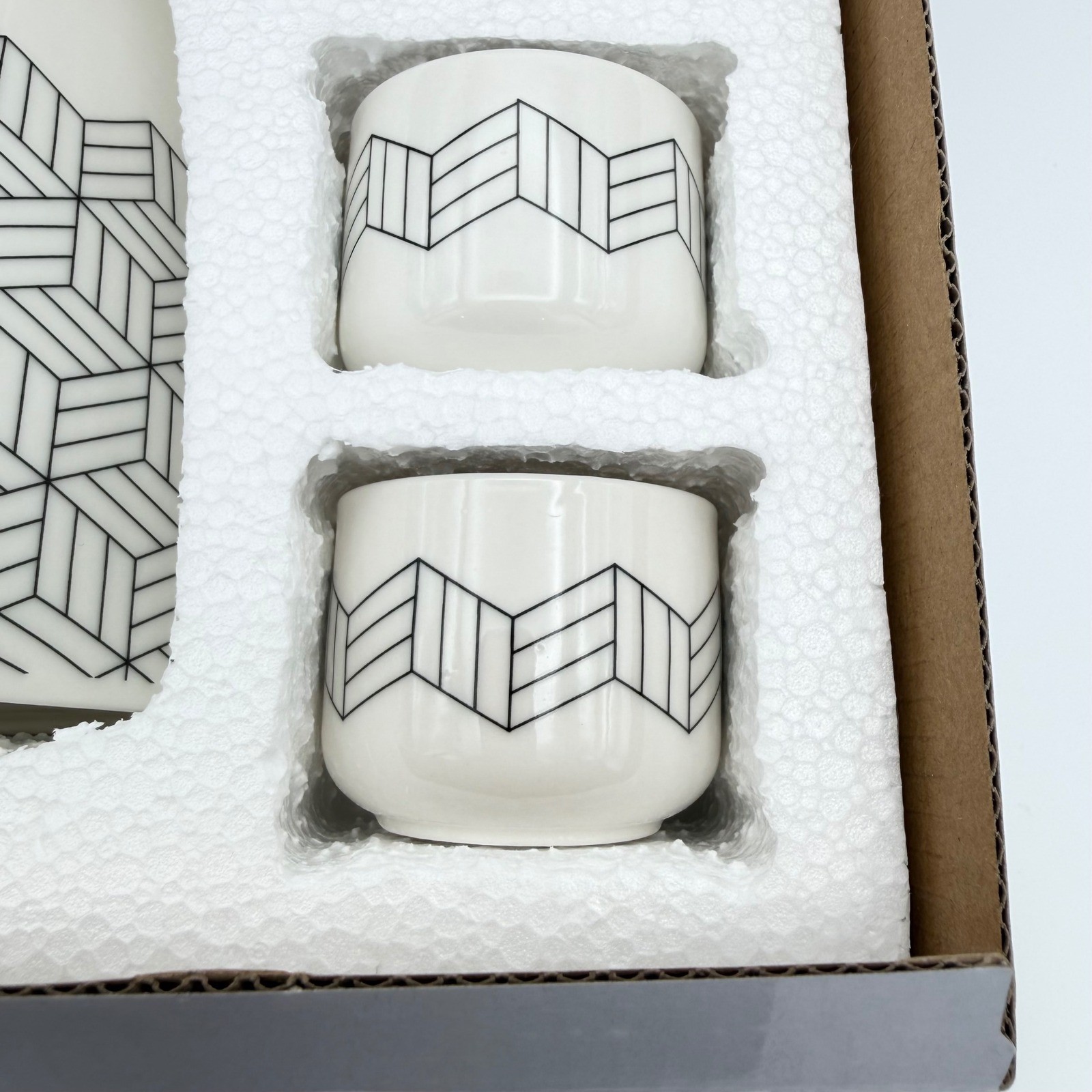 Short Stories Sake Set Carafe & 4 Cups Ceramic 14oz Modern Geometric