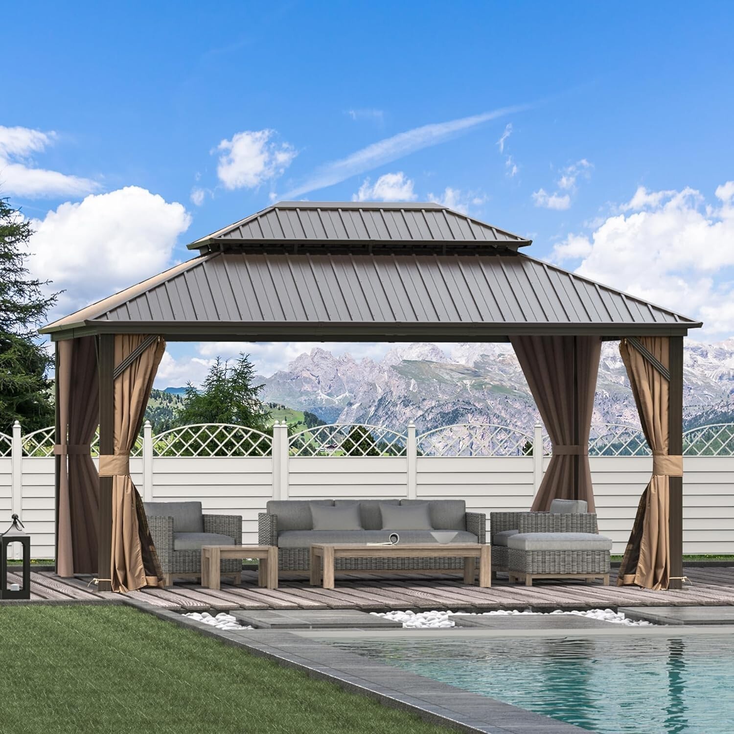 Domi 12' x 16' Hardtop Gazebo Outdoor Aluminum Gazebo w/Net,Curtains,Brown