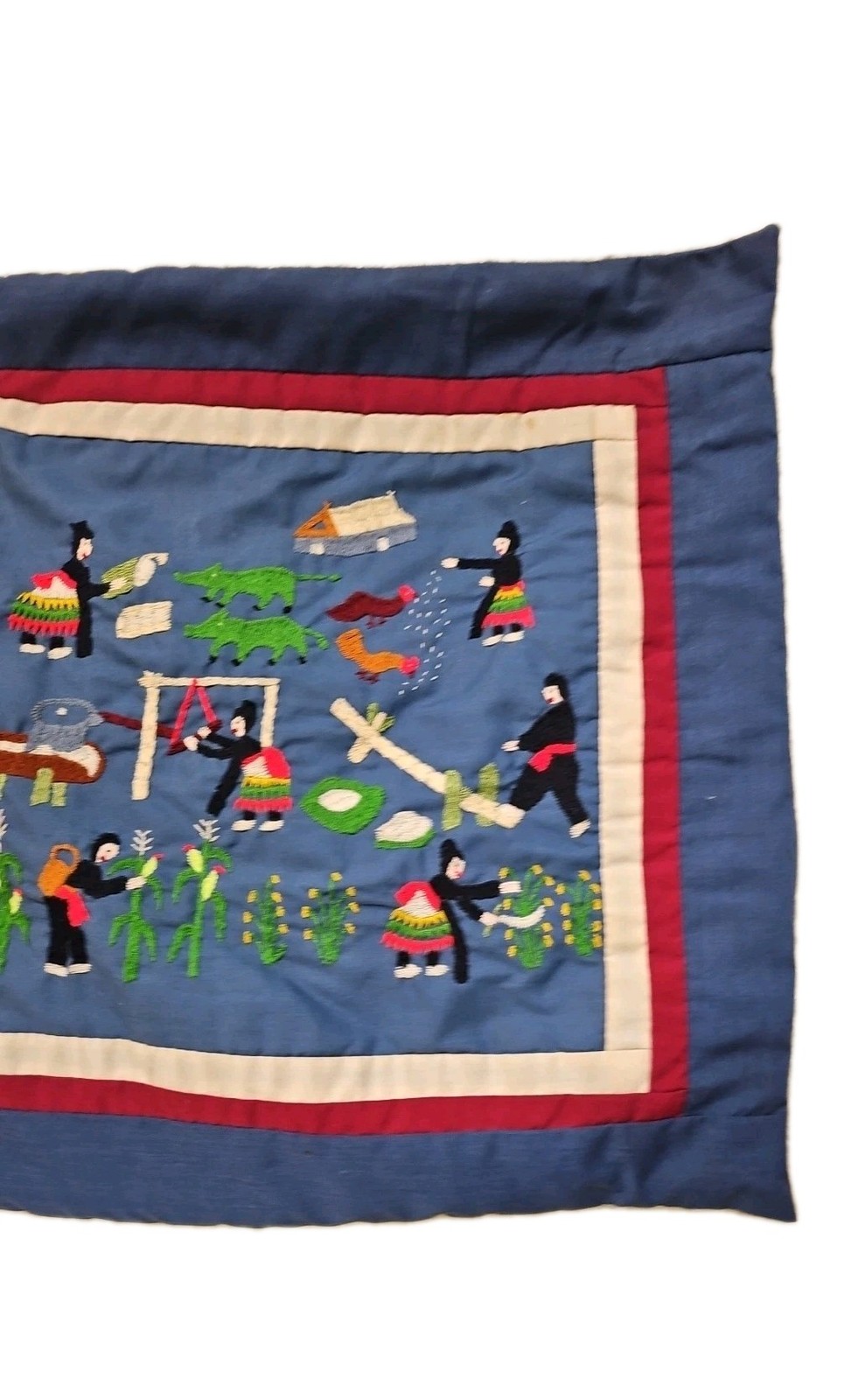 Hmong Story Cloth Embroidered Textile Animals Folk Art Handmade Pillowcase 16x15
