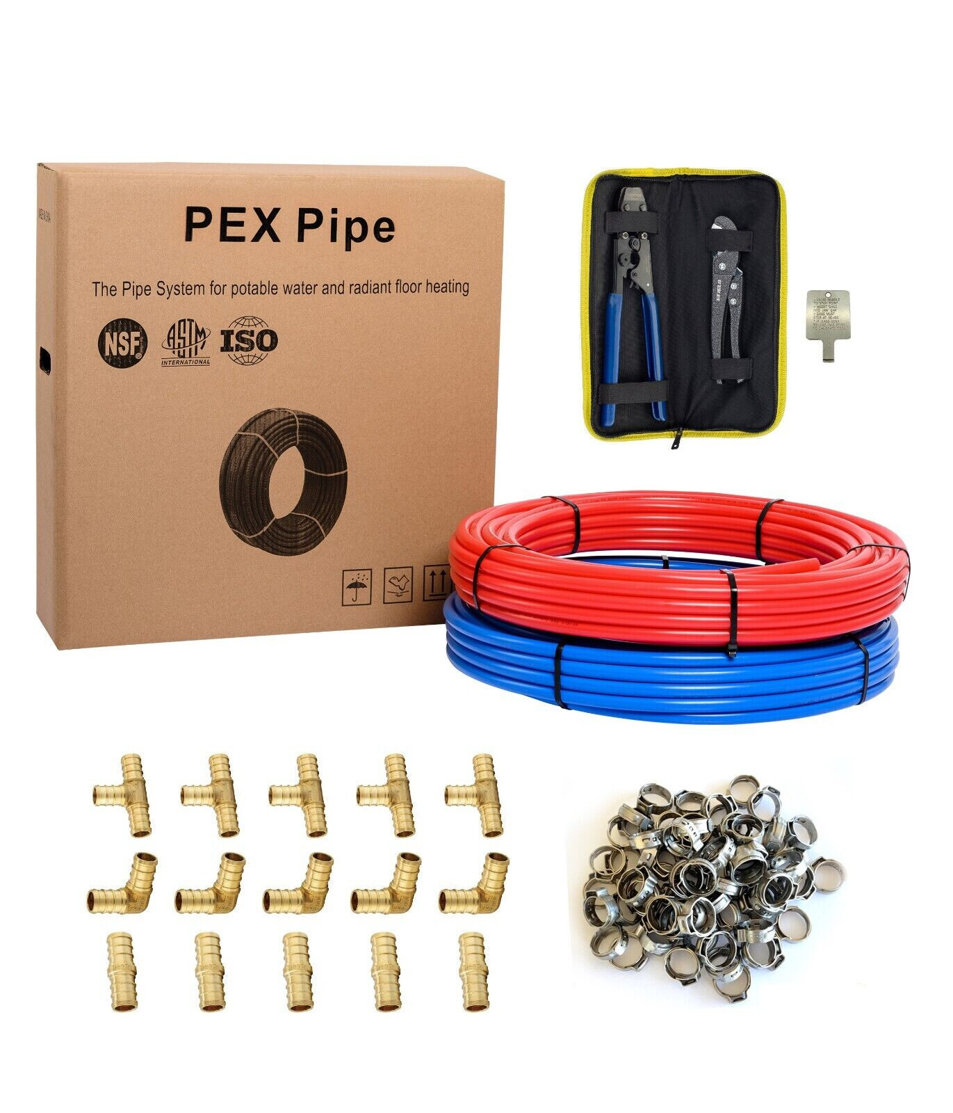(Pex Pipe Combo)2 Rolls 3/4" x 100ft Red &Blue Crimper, Cutter, Clamps, Fittings