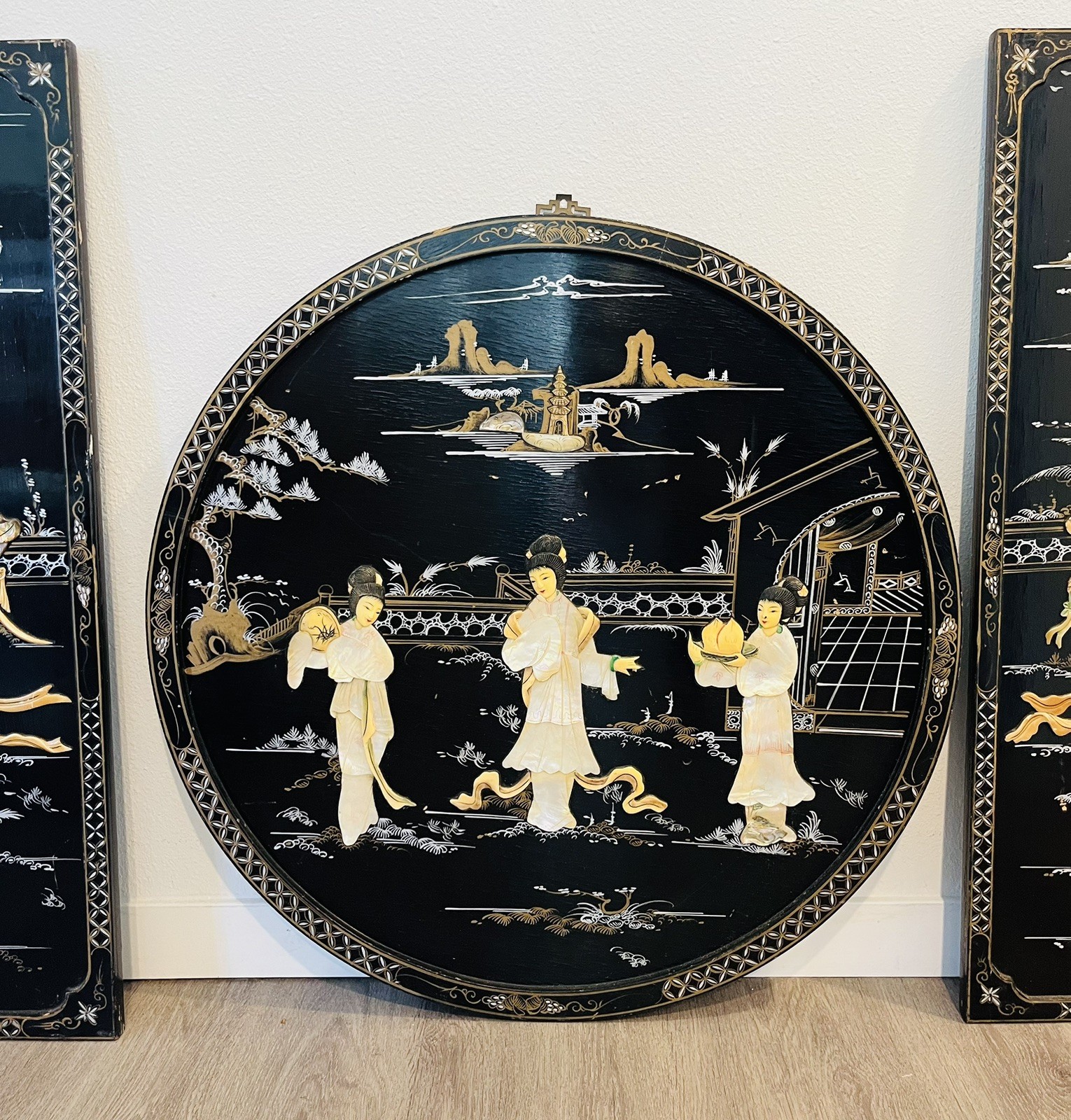VTG 5 Asian Oriental BLACK Lacquer Mother of Pearl Wall Panels 36H x 11,5W, 30”