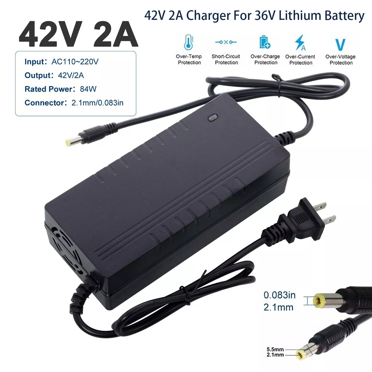 42V 2A Adapter Charger 36V Lithium Battery with 5.5mm*2.1mm DC Plug Port 84W