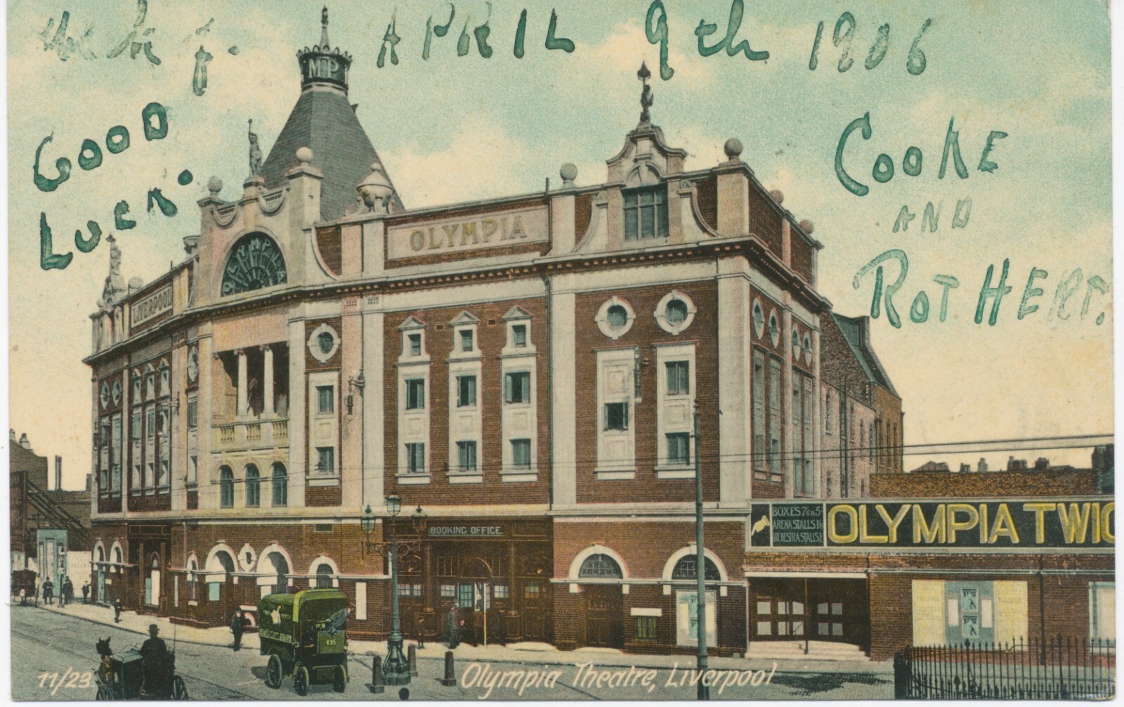 GB 1906 EVII ½d yellowgreen (2x) on superb coloured RP postcard (Olympia Theatre