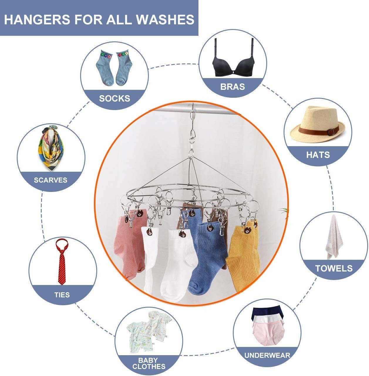 2 Pack Stainless Steel round Hanging Drying Rack with 20 Clips for Drying Socks,