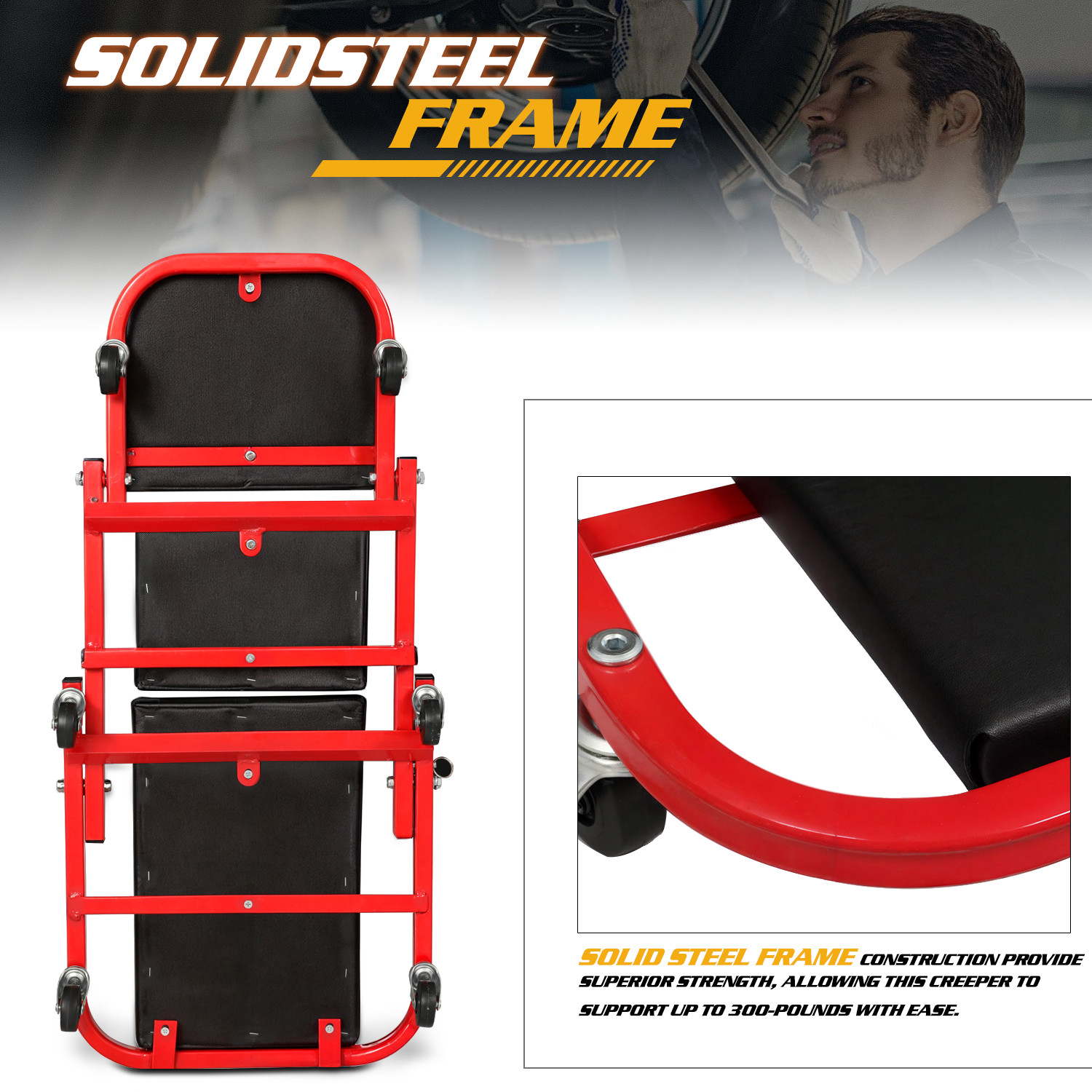 36" Red[FOLDABLE CREEPER+UPHOLSTERED SEAT]Rolling Mechanic Vehicle Repair Stool