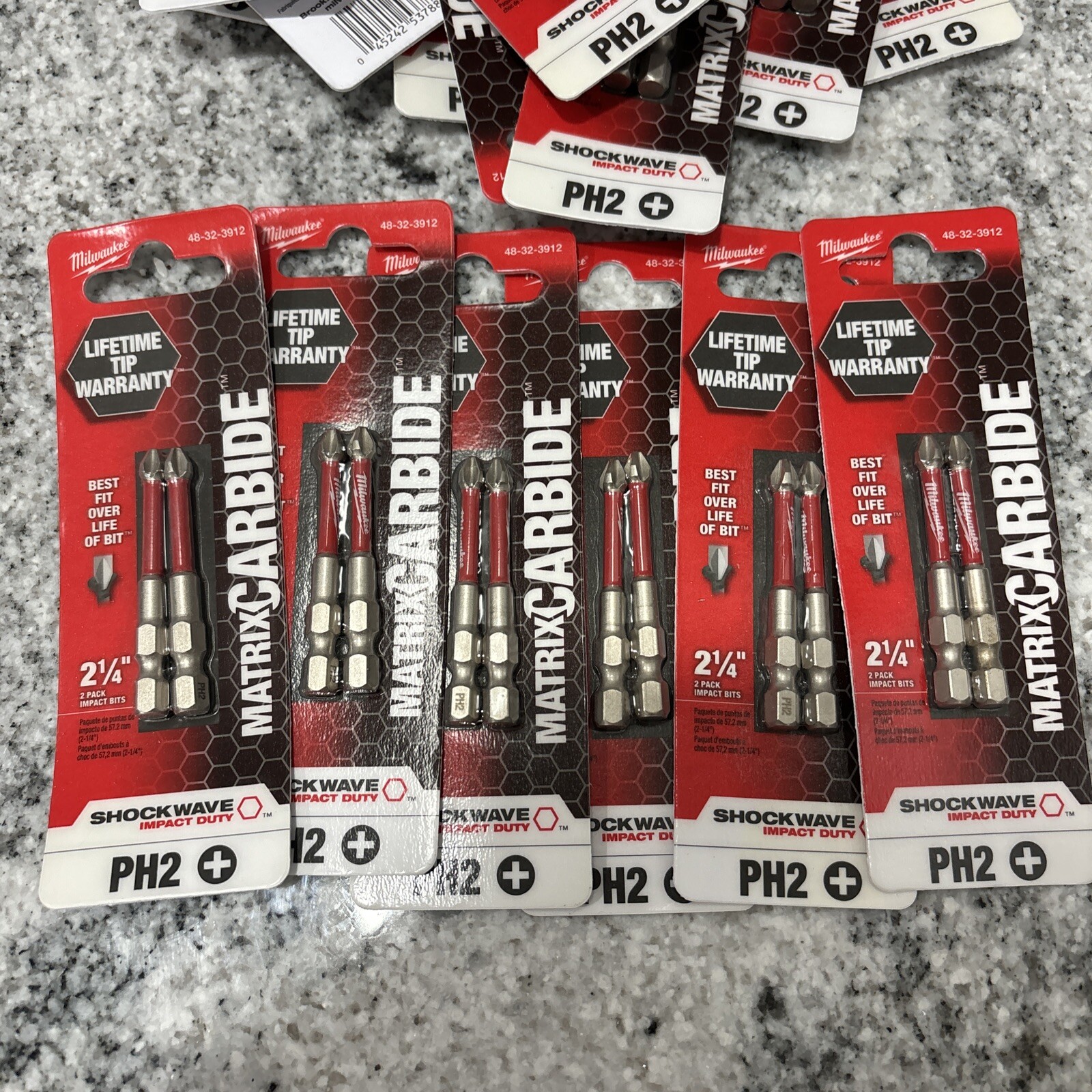 82 PACKS OF 2 - MILWAUKEE 2.25” MATRIX CARBIDE IMPACT PH2 SCREW BITS~48-32-3912