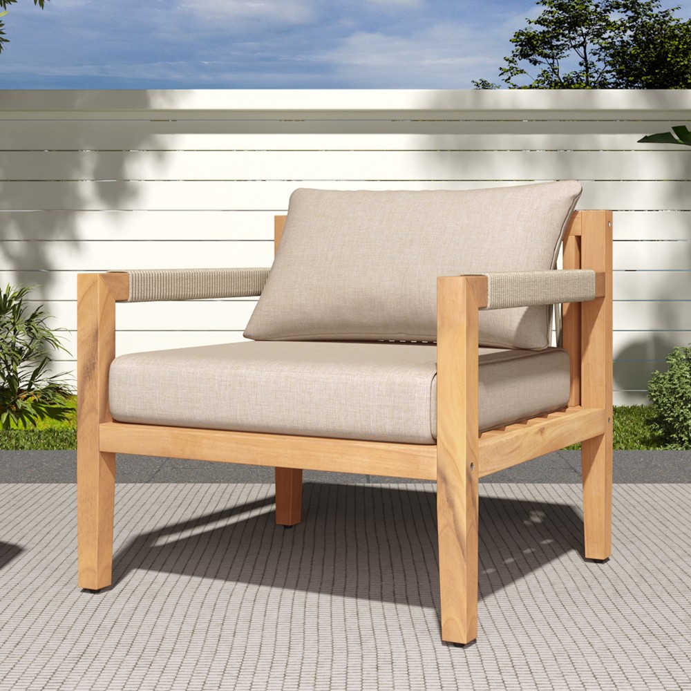 Acacia Wood Rope Chair Patio Set with Table & Beige Cushions