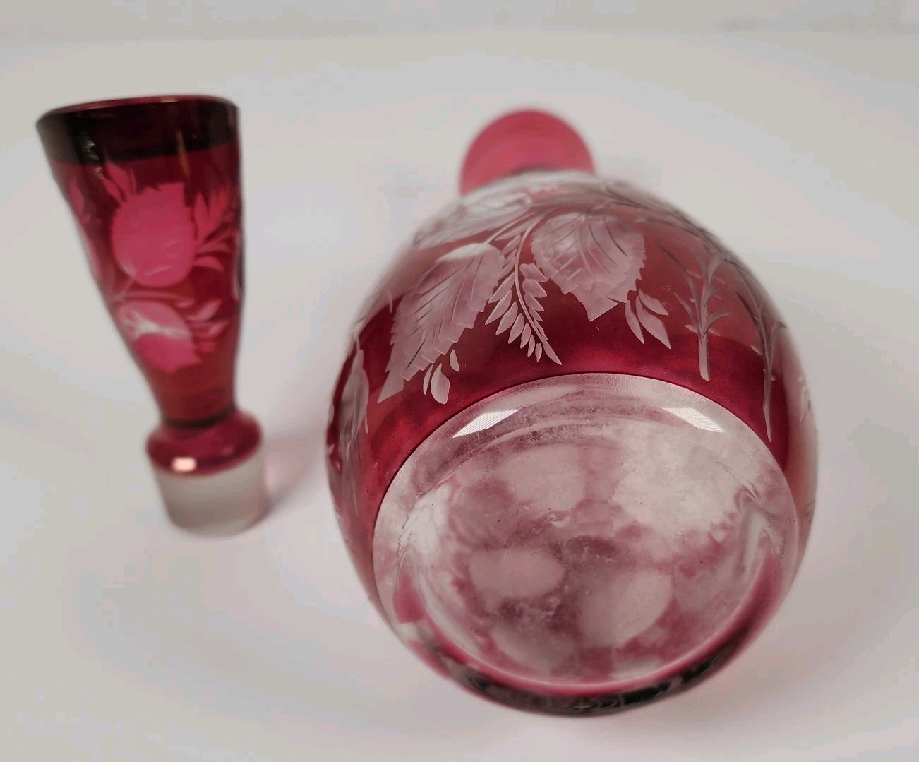 Bohemian Art Glass Ruby Red Liquor Decanter Etched Floral Design Vintage