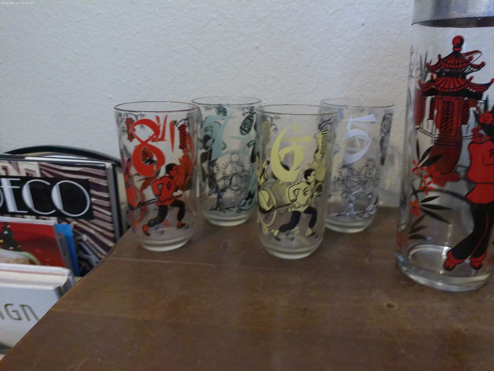 Vintage Mid Century Oriental Asian Design Cocktail Shaker and Eight Glasses